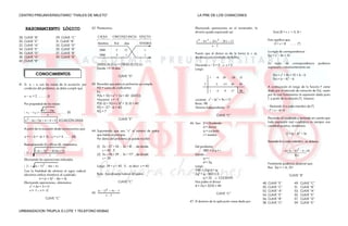 CENTRO PREUNIVERSIUTARIO “THALES DE MILETO”                                                                                  LA PRE DE LOS CHANCONES


    RAZONAMIENTO LÓGICO                                            42. Planteamos:                                          Efectuando operaciones en el numerador; la
                                                                                                                            división queda expresada así:                              Dom (f) = x     <-3, 8 >
28. CLAVE “B”                                29. CLAVE “C”               CAUSA        CIRCUNSTANCIA EFECTO
                                                                                                                            x4    8x 3       24 x 2   28 x 13                      Esto significa que:
30. CLAVE “E”                                31. CLAVE “B”
                                                                         Hombres        R/d      días         VIVERES                                                                  -3 < x < 8    ....... (*)
32. CLAVE “A”                                33. CLAVE “D”                                                                                   x 5
34. CLAVE “E”                                35. CLAVE “B”                 2800          5       12                 v
                                                                                                                                                                                   La regla de correspondencia
36. CLAVE “D”                                37. CLAVE “B”                                                                  Puesto que el divisor es de la forma (x       a),
                                                                           3000          4        t                 v                                                              f(x) = x2 – 8x + 10
38. CLAVE “A”                                39. CLAVE “B”                                                                  dividimos por el método de Ruffini.
40. CLAVE “B”
                                                                         (3000) (4) (t) (v) = (2800) (5) (12) (v)                                                                  La regla de correspondencia               podemos
                                                                                                                            Haciendo x – 5 = 0             x=5
                                                                         Donde t = 14 días                                                                                         expresarla convenientemente así:
                                                                                                                            Luego:
               CONOCIMIENTOS                                                                 CLAVE “D”                                                                                 f(x) = x2 + 8x + 10 + 6 – 6
                                                                                                                                         1      -8    24     -28   13                  f)x) = (x – 4)2 – 6
41. Si x1    x2 son las raíces de la ecuación, por                 43. Recordar que para un polinomio se cumple:                   5            5     -15    45    85
                                                                       P(1) = suma de coeficientes                                                                                 A continuación el rango de la función F viene
    condición del problema, se debe cumplir que:
                                                                       En:                                                               1      -3     9     17    98              dado por el intervalo de variación de F(x), razón
                                                                       P(3x + 10) = x3 + 2x + 40 (DATO)                                                                            por la cual formaremos la expresión dada para
   x1 – x2 = 2 ......... (I)
                                                                       Hayamos x = -3                                       cociente: x3 – 3x2 + 9x + 17                           f, a partir de la relación (*). Veamos:
   Por propiedad de las raíces:                                        P(3(-3) + 10) = (-3)3 + 2(-3) + 40                   Resto: 98
                                                                       P(1) = -27 – 6 + 40                                  Término Independiente . 17                             - Restando 4 a cada miembro de (*)
                          b2         4 ac                              P(1) = 7                                                                                                    -7 < x – 4< 4
   | x1    x2 |                                  ........ (II)
                                 a                                                                                                              CLAVE “C”
                                                                                             CLAVE “E”                                                                             Elevando al cuadrado y teniendo en cuenta que
    x2    (n        5)x      n       4      0 ECUACIÓN DADA
                                                                                                                        46. Sea: D = Dividendo                                     toda expresión real cuadrática es siempre una
                                                                                                                                 d = divisor                                       cantidad positiva, tendremos:
   A partir de la ecuación dada reconocemos que:
                                                                   44. Suponiendo que sea “x” el número de patos                 q = cociente
                                                                       que había al principio.                                   t = residuo                                                       0 < (x – 4)2 < 16
   a=1      b = -(n + 5)                 c = n + 4 ....... (III)
                                                                       Por datos del problema se puede escribir
                                                                                                                                                                                   Retando 6 a cada miembro, se obtiene:
   Reemplazando (I) y (III) en (II), obtenemos:
                                                                         (1) 2x – 27 < 54 ; 2x < 81 ; de donde              Del problema
               [ (n       5)] 2          4 (1)(n     4)                      x < 40 . 5                                           1881 = d q + r                                                     (x 4 ) 2 6
                                                                                                                                                                                                  6 10
   | 2|                                                                  (2) 3x – 78 > 39 ; 3x > 117 ; de donde
                     1                                                                                                      Donde:                                                                        f(x)
   Efectuando las operaciones indicadas                                      x > 39                                               q=r
                                                                                                                                  d = 2q                                           Finalmente podemos observar que:
   | 2|        (n     5) 2       4(n        4)                           Luego: 39 < x < 40 . 5 , es decir x = 40           Luego:                                                 Ran f(x) = <-6, 10>
   Con la finalidad de eliminar el signo radical,                                                                           1081 + (2q) q + q
   elevamos ambos miembros al cuadrado:                                  Rpta.: Inicialmente habían 40 patos.               2q2 + q – 1801 = 0                                                        CLAVE “B”
              4 = (n + 5)2 – 4(n + 4)                                                                                             q = 23      COCIENTE
   Efectuando operaciones, obtenemos:                                                        CLAVE “C”                      Nos piden el divisor                                48. CLAVE “E”             49.    CLAVE “C”
       n2 + 6n + 5 = 0                                                                                                      d = 2q = 2(23) = 46                                 50. CLAVE “C”             51.    CLAVE “B”
       n = -1 n = –5                                                     (x   2) 4 4 x       3                                                                                  52. CLAVE “A”             53.    CLAVE “A”
                                                                   45.                                                                          CLAVE “C”
                                                                                x 5                                                                                             54. CLAVE “E”             55.    CLAVE “E”
                             CLAVE “C”                                                                                                                                          56. CLAVE “B”             57.    CLAVE “D”
                                                                                                                        47. El dominio de la aplicación viene dado por:         58. CLAVE “C”             59.    CLAVE “E”

URBANIZACION TRUPLA G LOTE 1 TELEFONO 653642
 