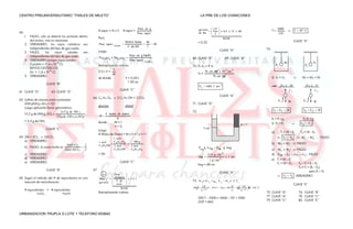 CENTRO PREUNIVERSIUTARIO “THALES DE MILETO”                                                                                      LA PRE DE LOS CHANCONES


                                                                                                     Peso en g               gra mos          137                                                               8400
                                                               # equiv = N x V        # equiv =                                                        x 0,5 x 15 x 60                                    T=                       T    40 º C
60.                                                                                                  Peso equiv              de Ba             2                                                                 210
      1.   FALSO, sólo se detectó los protones dentro          Pero:                                                                                       96500
           del núcleo, más no neutrones.                                               MASA Molar                                                                                                                                 CLAVE “D”
                                                                                                           40                = 0,32
      2.   VERDADERO, los rayos catódicos son                  Peso equiv    NaOH
                                                                                                                  40
                                                                                         # de OH            1
           independientes del tipo de gas usado.                                                                                                                                                    74.
                                                               Luego:                                                                                 CLAVE “A”
      3.   FALSO,       los     rayos  canales   son
           independientes del tipo de gas usado                                              Peso en g NaOH
                                                               N H 2 SO4 x VH 2 SO4                                    68. CLAVE “D”                        69. CLAVE “A”
      4.   VERDADERO porque rayos canales                                                    Peso equiv   NaOH
                                                                                                                                                                                                                         M                          N
           (1 protón = +1,6 x 10-19 C)                         Reemplazando valores:                                                                                                                           P1                            P2
                                                                                                                       70. P0 V0 = Pf Vf
           RAYOS CATÓDICOS                                                5
           (1e- = -1,6 x 10-19 C)                              2.5 x V =                                                             76 cm Hg x 10 3 cm 3
                                                                         40                                                  Vf =
      5.   VERDADERO                                                                                                                          70 cm Hg
                                                                                                                                                                                                          Si V1 = V2                       W1 = W 2 = W
                                                               de donde          V = 0,05 L
                                                                                  = 50 mL
                        CLAVE “B”
                                                                                                                             Vf          1085 ,7 cm 3                                                               Dc L:M                     Dc L:N
                                                                                 CLAVE “C”                                                                                                                                   T1                        T2
61. CLAVE “D”              62. CLAVE “D”
                                                                                                                                                      CLAVE “A”
                                                         66. C6 H12 O6         2 C2 H5 OH + 2 CO2
63. Sulfato de amonio están contenidos                                                                                                                                                                          E1                          E2
                                                                                                                                                                                                                             W                      W
    2NH3(NH4)2 SO4 = 132                                                                                               71. CLAVE “D”
                                                               glucosa                 etanol
    Luego aplicando factor gravimetrico
                                                                                                                       72.                                                                                T1        E1       W             T2     E2    W
                              2 x17 g de NH 3
    13,2 g de (NH4)2 SO4 x                                             # moles de etanol
                           132 g de (NH 4 ) 2 SO 4             M
                                                                              V                                                                                                                           E1 = P1 vg                      E2 P2 Vg
      = 3,4 g de NH3                                           donde         M=1
                                                                                                                                                                                 h=?                      Si P1 > P2                     E1 E 2
                                                                             V = 1L
                        CLAVE “C”                                                                                                   5 cm
                                                               Luego:
                                                                                                                                                                                                          a)        T1 = W – E 1         T2 = W – E 2
                                                               # Moles de Etanol = M x V = 1 x 1 = 1
64. 2Al + 3Cl2 2Al Cl3                                                                                                                                                                                               T1      T2            '
                                                                                                                                                                                                                                          W1       '
                                                                                                                                                                                                                                                  W2    ; FALSO
                                                                          1 mol
    a) VERDADERO                                               1 mol      C H O        180 g                                                                                                                     '         '
                                      3 mol Cl 2     3                   x 6 12 6 x                                                                                                                       b)    W1        W2           FALSO
                                                               C 2 H 5 OH 2 mol      1 mol
      b) FALSO, la razón molar es                                                                                            P Hg g h Ag         Pag g hag                                                       '
                                     2 mol Al Cl 3   2                    C 2 H 5 OH C 6 H12 O 6                                                                                                          c)    W1        W2           FALSO
      c) VERDADERO                                             = 90                                                                      13 ,6 g / cm 3                                                   d)    EM        E1       EN     E 2 ; FALSO
                                                                                                                             hag                            x 5 cm
      d) VERDADERO
                                                                                                                                           1 g / cm 3                                                     e) T1 = W – E1
      e) VERDADERO                                                               CLAVE “C”                                                                                                                   T2 = W – E 2               T2 – T1 = E 1 – E 2
                                                                                                                             hag = 68 cm
                                                                                                                                                                                                                                        T2 = T1 + (E1 – E2)
                        CLAVE “B”                        67.                                                                                                                                                                                     pero E1 > E2
                                                                                                                                                      CLAVE “A”
                                                                   2         Peso
                                                                             Atómico
                                                                                                                                                                                                                     T2          T1 VERDADERO
65. Según el método del # de equivalentes en una                Bacl 2                      x Ix t
    reacción de neutralización.                                gra mos
                                                                              # de                                     73. m f c t f          mv      Lf    mvc           Tv
                                                                              oxid                                                                                                                                                CLAVE “E”
                                                                                                                                  1cal                              cal          1cal
                                                                                    96500                              200 g x           (T 10 )º C    10 g x 540         10 g          T 100 º C
      # equivalentes    = # equivalentes                                                                                         g ºC                               g            g ºC
                H2SO4               NaOH                       Reemplazando valores:                                                                                                                75. CLAVE “D”                       76. CLAVE “B”
                                                                                                                                                                                                    77. CLAVE “A”                       78. CLAVE “C”
                                                                                                                             200 T – 2000 = 5400 – 10T + 1000
                                                                                                                                                                                                    79. CLAVE “C”                       80. CLAVE “E”
                                                                                                                             210T = 840


URBANIZACION TRUPLA G LOTE 1 TELEFONO 653642
 