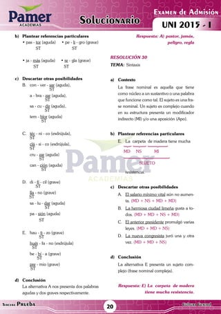 ACADEMIAS
20Tercera Prueba Cultura General
Examen de Admisión
UNI 2015 - IACADEMIAS
Solucionario
b)	 Plantear referencias particulares
	 • pas - tor (aguda)     • pe - li - gro (grave)
		 ST 	 ST
	 • ja - más (aguda)     • re - gla (grave)
	 ST 	 ST
c)	 Descartar otras posibilidades
B.	 con - ver - sar (aguda),
	 ST
	 a - bra - zar (aguda),
	 ST
	 sa - cu - dir (aguda),
	 ST
	 tem - blor (aguda)
	 ST
C.	 téc - ni - co (esdrújula),
	 ST
	 clá - si - co (esdrújula),
ST
	 cru - zar (aguda)
ST
	 can - ción (aguda)
	 ST
D.	 di - fí - cil (grave)
	 ST
	 lla - no (grave)
ST
	 sa - lu - dar (aguda)
	 ST
	 pa - sión (aguda)
	 ST
E.	 bau - ti - zo (grave)
	 ST
	 huér - fa - no (esdrújula)
	 ST
	 be - bí - a (grave)
	 ST
	 pre - mio (grave)
ST
d)	Conclusión
	 La alternativa A nos presenta dos palabras
agudas y dos graves respectivamente.
Respuesta: A) pastor, jamás,
peligro, regla
resolución 30
Tema:	Sintaxis
a)	Contexto
	 La frase nominal es aquella que tiene
como núcleo a un sustantivo o una palabra
que funcione como tal. El sujeto es una fra-
se nominal. Un sujeto es complejo cuando
en su estructura presenta un modificador
indirecto (MI) y/o una aposición (Apo).
b)	 Plantear referencias particulares
E.	 La carpeta de madera tiene mucha
123 14243 144424443
MD NS MI
14444444244444443
	 SUJETO
	resistencia.
c)	 Descartar otras posibilidades
A.	 El salario mínimo vital aún no aumen-
ta. (MD + NS + MD + MD)
B.	 La hermosa ciudad limeña gusta a to-
dos. (MD + MD + NS + MD)
C.	 El anterior presidente promulgó varias
leyes. (MD + MD + NS)
D.	 La nueva congresista juró una y otra
vez. (MD + MD + NS)
d)	Conclusión
	 La alternativa E presenta un sujeto com-
plejo (frase nominal compleja).
Respuesta: E) La carpeta de madera
tiene mucha resistencia.
 