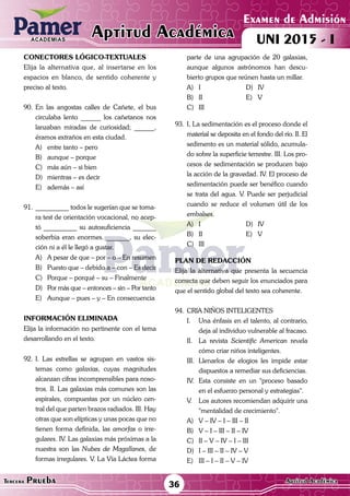 ACADEMIAS
Examen de Admisión
UNI 2015 - IAptitud AcadémicaACADEMIAS
36Tercera Prueba Aptitud Académica
CONECTORES LÓGICO-TEXTUALES
Elija la alternativa que, al insertarse en los
espacios en blanco, de sentido coherente y
preciso al texto.
90.	En las angostas calles de Cañete, el bus
circulaba lento ______ los cañetanos nos
lanzaban miradas de curiosidad; ______,
éramos extraños en esta ciudad.
A)	 entre tanto – pero
B)	 aunque – porque
C)	 más aún – si bien
D)	 mientras – es decir
E)	 además – así
91.	 __________ todos le sugerían que se toma-
ra test de orientación vocacional, no acep-
tó __________ su autosuficiencia _______
soberbia eran enormes. _______, su elec-
ción ni a él le llegó a gustar.
A)	 A pesar de que – por – o – En resumen
B)	 Puesto que – debido a – con – Es decir
C)	 Porque – porqué – su – Finalmente
D)	 Por más que – entonces – sin – Por tanto
E)	 Aunque – pues – y – En consecuencia
INFORMACIÓN ELIMINADA
Elija la información no pertinente con el tema
desarrollando en el texto.
92.	I. Las estrellas se agrupan en vastos sis-
temas como galaxias, cuyas magnitudes
alcanzan cifras incomprensibles para noso-
tros. II. Las galaxias más comunes son las
espirales, compuestas por un núcleo cen-
tral del que parten brazos radiados. III. Hay
otras que son elípticas y unas pocas que no
tienen forma definida, las amorfas o irre-
gulares. IV. Las galaxias más próximas a la
nuestra son las Nubes de Magallanes, de
formas irregulares. V. La Vía Láctea forma
parte de una agrupación de 20 galaxias,
aunque algunos astrónomos han descu-
bierto grupos que reúnen hasta un millar.
A)	I	 D)	IV
B)	II	 E)	V
C)	III
93.	I, La sedimentación es el proceso donde el
material se deposita en el fondo del río. II. El
sedimento es un material sólido, acumula-
do sobre la superficie terrestre. III. Los pro-
cesos de sedimentación se producen bajo
la acción de la gravedad. IV. El proceso de
sedimentación puede ser benéfico cuando
se trata del agua. V. Puede ser perjudicial
cuando se reduce el volumen útil de los
embalses.
A)	I	 D)	IV
B)	II	 E)	V
C)	III
PLAN DE REDACCIÓN
Elija la alternativa que presenta la secuencia
correcta que deben seguir los enunciados para
que el sentido global del texto sea coherente.
94.	CRIA NIÑOS INTELIGENTES
I.	 Una énfasis en el talento, al contrario,
deja al individuo vulnerable al fracaso.
II.	 La revista Scientific American revela
cómo criar niños inteligentes.
III.	 Llenarlos de elogios les impide estar
dispuestos a remediar sus deficiencias.
IV.	 Esta consiste en un "proceso basado
en el esfuerzo personal y estrategias".
V.	 Los autores recomiendan adquirir una
"mentalidad de crecimiento".
A)	 V – IV – I – III – II
B)	 V – I – III – II – IV
C)	 II – V – IV – I – III
D)	 I – III – II – IV – V
E)	 III – I – II – V – IV
 