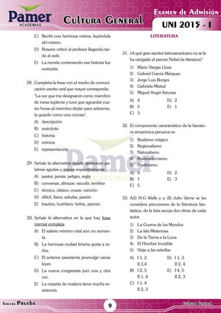 ACADEMIAS
Matemática
Examen de Admisión
UNI 2015 - ICultura GeneralACADEMIAS
9Tercera Prueba Cultura General
C)	 Recibí una hermosa misiva, leyéndola
ahí mismo.
D)	 Rosario criticó al profesor llegando tar-
de al aula.
E)	 La novela conteniendo esa historia fue
sustraída.
28.	 Completa la frase con el medio de comuni-
cación escrito–oral que mayor corresponda:
	 "La vez que me designaron como miembro
de mesa suplente y tuve que aguardar cua-
tro horas al miembro titular para retirarme,
la guardo como una curiosa".
A)	descripción
B)	anécdota
C)	historia
D)	crónica
E)	representación
29.	Señale la alternativa donde aparezcan pa-
labras agudas y graves respectivamente.
A)	 pastor, jamás; peligro, regla
B)	 conversar, abrazar; sacudir, temblor
C)	 técnico, clásico; cruzar, canción
D)	 difícil, llano; saludar, pasión
E)	 bautizo, huérfano; bebía, premio
30.	Señale la alternativa en la que hay frase
normal compleja
A)	 El salario mínimo vital aún no aumen-
ta.
B)	 La hermosa ciudad limeña gusta a to-
dos.
C)	 El anterior presidente promulgó varias
leyes.
D)	 La nueva congresista juró una y otra
vez.
E)	 La carpeta de madera tiene mucha re-
sistencia.
Literatura
31.	¿A qué gran escritor latinoamericano no se le
ha otorgado el premio Nobel de literatura?
1)	 Mario Vargas Llosa
2)	 Gabriel García Márquez
3)	 Jorge Luis Borges
4)	 Gabriela Mistral
5)	 Miguel Angel Asturias
A)	4	 D)	2
B)	5	 E)	1
C)	3
32.	El componente característico de la literatu-
ra amazónica peruana es:
1)	 Realismo mágico
2)	Regionalismo
3)	Naturalismo
4)	Postmodernismo
5)	Positivismo
A)	4	 D)	2
B)	1	 E)	3
C)	5
33.	A(I) H.G Wells y a (II) Julio Verne se les
considera precursores de la literatura fan-
tástica, de la lista escoja dos obras de cada
autor.
1)	 La Guerra de los Mundos
2)	 La Isla Misteriosa
3)	 De la Tierra a la Luna
4)	 El Hombre Invisible
5)	 Viaje a las estrellas
A)	 I 1, 2	 D)	 I 1, 3
	 II 3,4		 II 2, 4
B)	 I 2, 5	 E)	 I 4, 5
	 II 1, 4		 II 2, 3
C)	 I 1, 4
	 II 2, 3
 