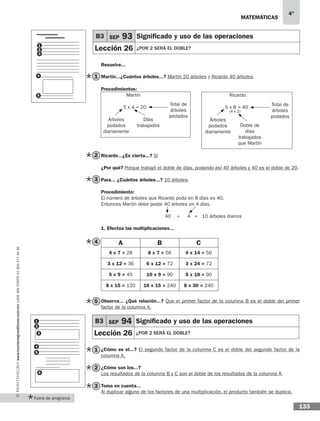 matemáticas
4°
www.montenegroeditores.com.mxladasincosto018002773636
133
Fuera de programa
Resuelve...
Martín...¿Cuántos árboles...? Martín 20 árboles y Ricardo 40 árboles.
Procedimientos:
Martín Ricardo
5 x 4 = 20 5 x 8 = 40
Ricardo...¿Es cierta...? Sí	
¿Por qué? Porque trabajó el doble de días, podando así 40 árboles y 40 es el doble de 20.
Para... ¿Cuántos árboles...? 10 árboles.
Procedimiento:
El número de árboles que Ricardo poda en 8 días es 40.
Entonces Martín debe podar 40 árboles en 4 días.
40 ÷ 4 = 10 árboles diarios
1. Efectúa las multiplicaciones...
A B C
4 x 7 = 28 8 x 7 = 56 4 x 14 = 56
3 x 12 = 36 6 x 12 = 72 3 x 24 = 72
5 x 9 = 45 10 x 9 = 90 5 x 18 = 90
8 x 15 = 120 16 x 15 = 240 8 x 30 = 240
Observa... ¿Qué relación...? Que el primer factor de la columna B es el doble del primer
factor de la columna A.
¿Cómo es el...? El segundo factor de la columna C es el doble del segundo factor de la
columna A.
¿Cómo son los...?
Los resultados de la columna B y C son el doble de los resultados de la columna A.
Toma en cuenta...
Al duplicar alguno de los factores de una multiplicación, el producto también se duplica.
B3 SEP 94 Significado y uso de las operaciones
Lección 26 ¿Por 2 será el doble?
1
2
3
4
5
6
B3 SEP 93 Significado y uso de las operaciones
Lección 26 ¿Por 2 será el doble?
Árboles
podados
diariamente
Árboles
podados
diariamente
Días
trabajados Doble de
días
trabajados
que Martín
Total de
árboles
podados
Total de
árboles
podados
(4 x 2)
1
2
3
4
5
1
2
3
4
5
1
2
3
 