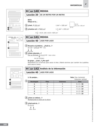 matemáticas
4°
www.montenegroeditores.com.mxladasincosto018002773636
162
Reto
Dibuja en tu...
¿Cuál...? 150 cm2
¿Cuántos cm2
...? 825 cm2
Resuelve el problema... ¿Cuál es...?
8 x 22 = 176 cm2
¿Cómo obtuviste...?
Con su fórmula: A = b x h
En grupo... ¿Cuál...? ¿Por qué?
Basándome en la fórmula para sacar el área. (Habrá alumnos que cuenten los cuadritos
para sacar el área).
1. En parejas...
Rectángulo Filas Columnas Área
1 6 5 6 x 5 = 30
2 6 4 6 x 4 = 24
3 7 2 7 x 2 = 14
4 4 3 4 x 3 = 12
5 3 5 3 x 5 = 15
¿Cómo se obtiene...?
Multiplicando la base por la altura
¿Cuál sería la...?
A = b x h
B4 SEP 140 MEDIDA
Lección 39 De un metro por un metro
B4 SEP 141 MEDIDA
Lección 40 Lado por lado
altura
área del rectángulo
base
área
base x altura
B4 SEP 142 Análisis de la información
Lección 40 Lado por lado
base altura
3
1
2
1
2
2
1
1
1
1
2
2
2
3
1 dm2
= 100 cm2
1 dm2
= 150 cm21
2
1
4
10 cm
10 x 10 = 100 cm2
10 cm
8 = 8.25, 100 x 8.25 = 825 cm2
Nota: Fila= horizontal
Columna= vertical
 