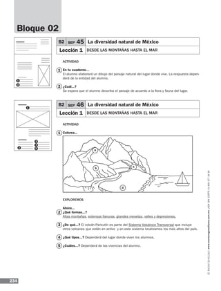 234
www.montenegroeditores.com.mxladasincosto018002773636
B2 SEP 46 La diversidad natural de México
Lección 1 DESDE LAS MONTAÑAS HASTA EL MAR
B2 SEP 45 La diversidad natural de México
Lección 1 DESDE LAS MONTAÑAS HASTA EL MAR
Actividad
En tu cuaderno...
El alumno elaborará un dibujo del paisaje natural del lugar donde vive. La respuesta depen-
derá de la entidad del alumno.
¿Cuál...?
Se espera que el alumno describa el paisaje de acuerdo a la flora y fauna del lugar.
Actividad
Colorea...
Exploremos
Ahora...
¿Qué formas...?
Altas montañas, extensas llanuras, grandes mesetas, valles y depresiones.
¿De qué...? El volcán Paricutín es parte del Sistema Volcánico Transversal que incluye
otros volcanes que están en activo y en este sistema localizamos los más altos del país.
¿Qué tipos...? Dependerá del lugar donde viven los alumnos.
¿Cuáles...? Dependerá de las vivencias del alumno.
1
1
2
2
3
4
5
Bloque 02
a
b
d
c
1
2
3
4
5
1
2
 
