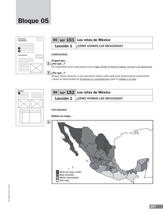 257
Comencemos
Al igual que...
¿Por qué...?
Es importante tener casa porque es el lugar donde la familia habita, convive y se desarrolla.
¿Por qué...?
Porque tienen derecho a una educación básica adecuada para desarrollarse plenamente
y tener la oportunidad de formarse en competencias para el trabajo y la vida.
Exploremos
Elabora un mapa...
B5 SEP 152 Los retos de México
Lección 1 ¿CÓMO VIVIMOS LOS MEXICANOS?
B5 SEP 151 Los retos de México
Lección 1 ¿CÓMO VIVIMOS LOS MEXICANOS?
Bloque 05
Nivel muy bajo (verde)
Bajo (amarillo)
Medio (anaranjado)
Alto (rojo)
1
2
1
1
1
2
 