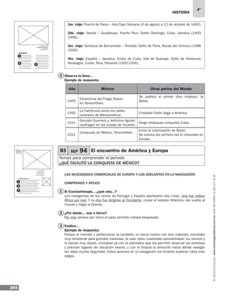 historia
284
4°
www.montenegroeditores.com.mxladasincosto018002773636
B3 SEP 94 El encuentro de América y Europa
Temas para comprender el periodo
¿Qué facilitó la conquista de méxico?
1er. viaje: Puerto de Palos – Isla Cayo Samana (3 de agosto a 12 de octubre de 1492).
2do. viaje: Sevilla – Guadalupe, Puerto Rico, Santo Domingo, Cuba, Jamaica (1493-
1496).
3er. viaje: Sanlúcar de Barrameda – Trinidad, Golfo de Paria, Bocas del Orinoco (1498-
1500).
4to. viaje: España – Jamaica, Costa de Cuba, Isla de Guanaja, Golfo de Honduras,
Nicaragua, Costa Rica, Panamá (1502-1504).
Observa la línea...
Ejemplo de respuesta:
las necesidades comerciales de europa y los adelantos en la navegación
Comprendo y aplico
Si Constantinopla... ¿qué ruta...?
Los navegantes de los reinos de Portugal y España plantearon dos rutas. Una fue rodear
África por mar. Y la otra fue dirigirse al Occidente, cruzar el océano Atlántico, dar vuelta al
mundo y llegar a Oriente.
¿Por dónde... mar o tierra?
Por mar, porque por tierra el paso también estaba bloqueado.
Explica...
Ejemplo de respuesta:
Porque al inventar y perfeccionar la carabela, un barco liviano con tres mástiles, resultaba
muy resistente para grandes travesías; al usar velas cuadradas aprovechaban los vientos y
lo hacían muy rápido. Contaban ya con el astrolabio que les permitió observar las estrellas
y precisar lugares de ubicación exacta, y con la brújula la dirección hacia dónde navegar
les daba mucha seguridad. Estos avances en la navegación los hicieron explorar rutas más
largas.
3
1
2
3
1
2
3
3
1
2
Año México Otras partes del Mundo
1455
Ceremonia del Fuego Nuevo
en Tenochtitlan.
Se publica el primer libro impreso: la
Biblia.
1492
La hambruna azota los valles
centrales de Mesoamérica.
Cristóbal Colón llega a América.
1511
Gonzalo Guerrero y Jerónimo Aguilar
naufragan en las costas de Yucatán.
Diego Velázquez conquista Cuba.
1521
Conquista de México, Tenochtitlan.
Inicia la colonización de Brasil.
Se conoce por primera vez el chocolate en
Europa.
 