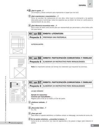 ESPAÑOL
35
4°
www.montenegroeditores.com.mxladasincosto018002773636
Fuera del programa
¿Qué te gustó…?
Los ensayos y utilizar vestuario para representar el papel que me tocó.
¿Qué experiencias y conocimientos …?
Cómo se escriben las indicaciones en una obra, cómo hacer la entonación y los gestos
adecuados para el personaje, todos los aspectos que se deben de tomar en cuenta para la
representación de una obra.
¿Qué diferencia encuentras entre …?
Que la obra de teatro está escrita para ser representada por personajes y otros textos sólo
son para leerse.
Autoevaluación
Nota: Es importante solicitar con tiempo los materiales que requieran los alumnos.
LO QUE CONOZCO
Ejemplo de respuestas:
Comenta qué manualidades….
Regalos para el Día de la madre y el Día del padre.
¿Hubieras realizado…?
No.
¿Recuerdas haber…?
Sí / No.
¿Para qué era?
Para utilizar un aparato electrónico, un teléfono celular, un videojuego, una receta de cocina, etc.
En los grados anteriores…¿recuerdas la manera…?
Como la de un instructivo, con lista de ingredientes y los pasos a seguir para elaborar el
platillo.
1
2
3
4
3
4
B2 SEP 55 ÁMBITO: literatura
Proyecto 5 preparar una pastorela
B2 SEP 56 ÁMBITO: Participación comunitaria y familiar
Proyecto 6 elaborar un instructivo para manualidades
1
2
4
5
3
B2 SEP 57 ÁMBITO: Participación comunitaria y familiar
Proyecto 6 elaborar un instructivo para manualidades
2
 
