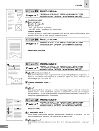 ESPAÑOL
46
4°
www.montenegroeditores.com.mxladasincosto018002773636
B3 SEP 79 ÁMBITO: Estudio
Proyecto 7
preparar, REALIZAR y reportar una entrevista
a una persona experta en un tema de interés
B3 SEP 80 ÁMBITO: Estudio
Proyecto 7
preparar, REALIZAR y reportar una entrevista
a una persona experta en un tema de interés
Reporte de la entrevista.
FICHERO DEL SABER
Busca ejemplos...
Ejemplos de respuesta:
Discurso directo
- Juan, ¿qué te pareció la película?
- Me gustó mucho y me pareció muy emocionante.
Discurso indirecto
Un amigo le preguntó a Juan qué le había parecido la película. Juan le contestó que le había
gustado mucho y que le había parecido muy emocionante.
¿Qué diferencias encuentran…?
En la entrevista se presentan las palabras textuales de cada participante, se presenta en
forma de conversación y en el reporte de la entrevista alguien nos platica cómo estuvo la
entrevista y lo que cada quién dijo.
¿Cambia el uso de los signos…?
Sí.
¿Cómo?
En la presentación de la entrevista se emplean los dos puntos para señalar la participación
de cada persona y en el reporte de la entrevista se emplean las comillas (cita textual) para
hacer referencia a lo que dijo textualmente cada persona en la entrevista, además del uso
de algunas palabras especiales (conectores).
producto final
¿Cómo pueden juntar…?
En un reporte de entrevista, anotando las preguntas y respuestas en un cartel y con una
lluvia de ideas tomas los datos más importantes de la entrevista.
¿Cómo pueden…?
Empleándolas como conectores entre las ideas de la entrevista, (respuestas a las pregun-
tas).
1
1
1
2
2
3
1
1
3
2
1
23
5
4
6
B3 SEP 81 ÁMBITO: Estudio
Proyecto 7
preparar, REALIZAR y reportar una entrevista
a una persona experta en un tema de interés
B3 SEP 82 ÁMBITO: Estudio
Proyecto 7
preparar, REALIZAR y reportar una entrevista
a una persona experta en un tema de interés
 