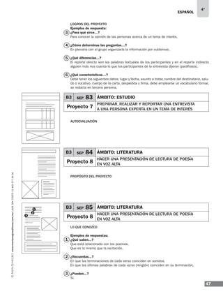 ESPAÑOL
47
4°
www.montenegroeditores.com.mxladasincosto018002773636
4
3
5
6
logros del proyecto
Ejemplos de respuesta:
¿Para qué sirve…?
Para conocer la opinión de las personas acerca de un tema de interés.
¿Cómo determinas las preguntas…?
En plenaria con el grupo organizaría la información por subtemas.
¿Qué diferencias...?
El reporte directo son las palabras textuales de los participantes y en el reporte indirecto
alguien más nos cuenta lo que los participantes de la entrevista dijeron (paráfrasis).
¿Qué características…?
Debe tener los siguientes datos: lugar y fecha, asunto a tratar, nombre del destinatario, salu-
do o vocativo, cuerpo de la carta, despedida y firma, debe emplearse un vocabulario formal,
se redacta en tercera persona.
AUTOEVALUACIÓN
PROPÓSITO DEL PROYECTO
Lo que conozco
Ejemplos de respuestas:
¿Qué saben...?
Que está relacionada con los poemas.
Que es lo mismo que la recitación.
¿Recuerdas...?
En que las terminaciones de cada verso coinciden en sonidos.
En que las últimas palabras de cada verso (renglón) coinciden en su terminación.
¿Pueden...?
Sí.
B3 SEP 83 ÁMBITO: Estudio
Proyecto 7
preparar, REALIZAR y reportar una entrevista
a una persona experta en un tema de interés
B3 SEP 84 ÁMBITO: literatura
Proyecto 8
hacer una presentación de lectura de poesía
en voz alta
B3 SEP 85 ÁMBITO: literatura
Proyecto 8
hacer una presentación de lectura de poesía
en voz alta
1
1
3
2
2
3
 