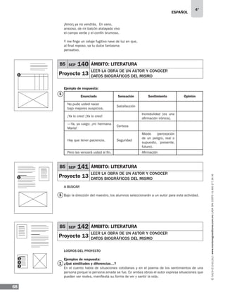 ESPAÑOL
68
4°
www.montenegroeditores.com.mxladasincosto018002773636
1
1
1
¡Amor¡ ya no vendrás. En vano,
ansioso, de mi balcón atalayado vivo
el campo verde y el confín brumoso.
Y me finge un celaje fugitivo nave de luz en que,
al final reposo, va tu dulce fantasma
pensativo.
Ejemplo de respuesta:
A buscar
Bajo la dirección del maestro, los alumnos seleccionarán a un autor para esta actividad.
LOGROS DEL PROYECTO
Ejemplos de respuesta:
¿Qué similitudes y diferencias…?
En el cuento habla de situaciones cotidianas y en el poema de los sentimientos de una
persona porque la persona amada se fue. En ambas obras el autor expresa situaciones que
pueden ser reales, manifiesta su forma de ver y sentir la vida.
B5 SEP 140 ÁMBITO: lITERATURA
Proyecto 13
LEER LA OBRA DE UN AUTOR Y CONOCER
DATOS BIOGRÁFICOS DEL MISMO
B5 SEP 141 ÁMBITO: lITERATURA
Proyecto 13
LEER LA OBRA DE UN AUTOR Y CONOCER
DATOS BIOGRÁFICOS DEL MISMO
B5 SEP 142 ÁMBITO: lITERATURA
Proyecto 13
LEER LA OBRA DE UN AUTOR Y CONOCER
DATOS BIOGRÁFICOS DEL MISMO
Enunciado Sensación Sentimiento Opinión
No pudo usted nacer
bajo mejores auspicios.
Satisfacción
¡Ya lo creo! ¡Ya lo creo!
Incredulidad (es una
afirmación irónica).
—Ya, ya caigo: ¡mi hermana
María!
Certeza
Hay que tener paciencia. Seguridad
Miedo (percepción
de un peligro, real o
supuesto, presente,
futuro).
Pero las vencerá usted al fin. Afirmación
1
1
1
2
3
 