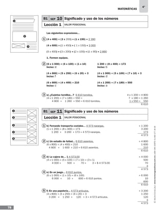 matemáticas
4°
www.montenegroeditores.com.mxladasincosto018002773636
78
Las siguientes expresiones...
(4 x 400) + (3 x 200) + (1 x 190) = 2 390
(4 x 600) + (1 x 450) + ( 1 x 150) = 3 000
(5 x 400) + (3 x 200) + (2 x 100) + (1 x 90) = 2 890
1. Formen equipos.
(6 x 1 000) + (6 x 100) + (1 x 10) 		 1 200 + (8 x 400) + 173
Inciso: e					Inciso: b	
(4 x 800) + (5 x 250) + (6 x 20) + 3 	 (4 x 1 000) + (5 x 100) + (7 x 10) + 3
Inciso: f					Inciso: d	
(6 x 800) + (4 x 400) + 210 		 (4 x 1 200) + (7 x 180) + 550
Inciso: c					Inciso: a	
a) ¿Cuántos tornillos...? 6 610 tornillos.
(4 x 1 200) + (7 x 180) + 550 =
4 800 + 1 260 + 550 = 6 610 tornillos.
b) Fernando transporta costales... 4 573 naranjas.
(1 x 1 200) + (8 x 400) + 173
1 200 + 3 200 + 173 = 4 573 naranjas.
c) Un estadio de futbol... 6 610 asientos.
(6 x 800) + (4 x 400) + 210
4 800 + 1 600 + 210 = 6 610 asientos.
d) La cajera de... $ 4 573.00
(4 x 1 000) + (5 x 100) + (7 x 10) + (3 x 1)
4 000 + 500 + 70 + 3 = $ 4 573.00
e) En un juego... 6 610 puntos.
(6 x 1 000) + (1 x 10) + (6 x 100)
6 000 + 10 + 600 = 6 610 puntos.
f) En una papelería... 4 573 artículos.
(4 x 800) + (5 x 250) + (6 x 20) + 3
3 200 + 1 250 + 120 + 3 = 4 573 artículos.
B1 SEP 11 Significado y uso de los números
Lección 1 Valor posicional
B1 SEP 10 Significado y uso de los números
Lección 1 Valor posicional
1
2
3
1
2
1
2
3
4
5
3 4 x 1 200 = 4 800
7 x 180 = 1 260
1 x 550 = 550
6 610
+ 1 200
3 200
173
4 573
+ 6 000
10
600
6 610
+ 3 200
1 250
120
3
4 573
+ 4 800
1 600
210
6 610
+ 4 000
500
70
3
4 573
1
2
3
4
5
 