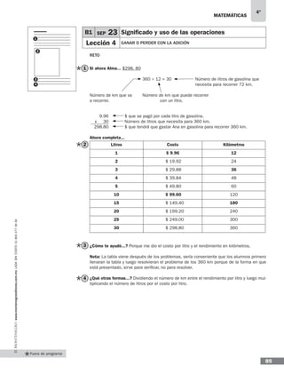 matemáticas
4°
www.montenegroeditores.com.mxladasincosto018002773636
89
Fuera de programa
B1 SEP 23 Significado y uso de las operaciones
Lección 4 GANAR O PERDER CON LA ADICIÓN
1
2
3
4
RETO
Si ahora Alma... $298. 80
			 360 ÷ 12 = 30		 Número de litros de gasolina que
						necesita para recorrer 72 km.
Número de km que va 	 Número de km que puede recorrer
a recorrer.			 con un litro.
Ahora completa...
Litros Costo Kilómetros
1 $ 9.96 12
2 $ 19.92 24
3 $ 29.88 36
4 $ 39.84 48
5 $ 49.80 60
10 $ 99.60 120
15 $ 149.40 180
20 $ 199.20 240
25 $ 249.00 300
30 $ 298.80 360
¿Cómo te ayudó...? Porque me dio el costo por litro y el rendimiento en kilómetros.
Nota: La tabla viene después de los problemas, sería conveniente que los alumnos primero
llenaran la tabla y luego resolvieran el problema de los 360 km porque de la forma en que
está presentado, sirve para verificar, no para resolver.
¿Qué otras formas...? Dividiendo el número de km entre el rendimiento por litro y luego mul-
tiplicando el número de litros por el costo por litro.
$ que se pagó por cada litro de gasolina.
Número de litros que necesita para 360 km.
$ que tendrá que gastar Ana en gasolina para recorrer 360 km.
9.96
x 30
298.80
1
2
3
4
 