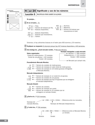 matemáticas
4°
www.montenegroeditores.com.mxladasincosto018002773636
90
1
2
4
5
3
B1 SEP 24 Significado y uso de los números
Lección 5 MULTIPLICA PARA SABER SI ALCANZA1
2
3
4
5
En parejas...
Si en el teatro... Sí.
Entonces, sí hay suficientes butacas en el teatro para 400 alumnos y 20 maestros.
Expliquen su respuesta Sí alcanzan porque hay 437 butacas disponibles y 420 personas.
Una bodega de...¿Cuál mercado recibió...? Mercado Morelos.
Datos organizados:
¿Cuál es la...? 216 naranjas.
			 1 368 - 1 152 = 216 	 Diferencia entre los mercados.
Naranjas del 		
mercado Morelos.			 Naranjas del Mercado Independencia.
¿Y entre los...? 708 naranjas.
			 1 368 - 660 = 708 	 Diferencia entre el Mercado Morelos
						y el Sinatel.
		Morelos 		Sinatel
23
x 19
437
437
- 420
17
19
x 72
1 368
144
x 8
1 152
22
x 30
660
400
+ 20
420
Filas.
Número de butacas por fila.
Butacas disponibles.
Costal de media gruesa = 72 naranjas.
Costal de una gruesa = 144 naranjas.
Costal =30 naranjas.
Número de costales de media gruesa.
Número de naranjas en cada costal de media gruesa.
Número de naranjas en 19 medias gruesas entregadas
al Mercado Morelos.
Número de naranjas en un costal de una gruesa.
Número de costales de una gruesa.
Número de naranjas que hay en 8 gruesas que se entregaron
al mercado Independencia.
Número de costales.
Número de naranjas por costal.
Número de naranjas en 22 costales que se
entregaron al mercado Sinatel.
Procedimiento Mercado Morelos:
Mercado Independencia:
Mercado Sinatel:
Naranjas entregadas a cada mercado:
Morelos = 1 368 naranjas.
Independencia = 1 152 naranjas.
Sinatel = 660 naranjas.
Mercado que compró más.
Butacas disponibles.
Butacas que necesitamos.
Sobran.
Alumnos.
Maestros.
Número de butacas que
necesitamos en total.
 
