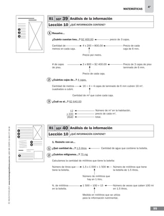 matemáticas
4°
www.montenegroeditores.com.mxladasincosto018002773636
99
B1 SEP 40 Análisis de la información
Lección 10 ¿QUÉ INFORMACIÓN CONTIENE?
B1 SEP 39 Análisis de la información
Lección 10 ¿QUÉ INFORMACIÓN CONTIENE?
1
2
3
Resuelve...
¿Cuánto cuestan tres...? $2 400.00 	 precio de 3 cajas.
Cantidad de 		 4 x 200 = 800.00			 Precio de cada
metros en cada caja.					 caja de 6 mm.
			Precio por metro.
			
# de cajas		 3 x 800 = $2 400.00		 Precio de 3 cajas de piso
de piso.							laminado de 6 mm.
			Precio de cada caja.
¿Cuántas cajas de...? 4 cajas.
Cantidad de metros	 16 ÷ 4 = 4 cajas de laminado de 6 mm cubren 16 m2. 	
cuadrados a cubrir.
	
		Cantidad de m2 que cubre cada caja.
¿Cuál es el...? $2 640.00
1. Reúnete con un...
¿Qué cantidad de...? 1.5 litros 	 Cantidad de agua que contiene la botella.
¿Cuántos miligramos...? 75 mg
Calculamos la cantidad de mililitros que tiene la botella:
Número de litros que	 1.5 x 1 000 = 1 500	 Número de mililitros que tiene
tiene la botella.					 la botella de 1.5 litros.
			Número de mililitros que
			 hay en 1 litro.
N. de mililitros		 1 500 ÷ 100 = 15	 Número de veces que caben 100 ml
en la botella.					en 1.5 litros.
			Medida en mililitros que se utiliza
			 para la información nutrimental.
1
1
3
2
1
2
4
5
6
3
12
x 220
2640
Número de m2
en la habitación.
precio de cada m2
.
total.
2
 