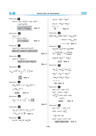 Quinto Año de Secundaria



Resolución              9                                                                                      7       4
                                                                                               log 102 + log2 2 − log 5
                                                                                                                                   5
      logx–3 = logx – 3log10 = logx– log103
                      = logx–log1000                                                           2log 10 + 7log 2 − 4log 5
                                                                                                                          2            5

                                      x                                                      2+7–4
      ∴                 logx–3 = log                              Rpta.: E                         5                        Rpta.: B
                                      1000 


Resolución              10                                                                Resolución            18

      log2 a = x                                                                          log0,01+ log          0,0081= log10-2 + log                   (0,3)4
                                                                                                          0,3                                     0.3
      x + 1 = log2 a + log2 2
                                                                                                                   = –2log10 + 4 log                      (0,3)
      ∴                 x + 1 = log2 2a                             Rpta.: D                                                                      (0,3)

                                                                                                                     =–2+4= 2                     Rpta.: C
Resolución              11                                                                Resolución            19
      log(a3–b3)= log(a–b)(a2+ab+b2)                                                           log 0,25 + log 0,125 − log 0,0625
                                                                                                     2                2                       2
      log(a3–b3) = log(a–b) + log(a2+ab+b2)
                                                                                               log
                                                                                                         (0,25)(0,125) = log (0,03125)
                                                                               Rpta.: D            2        0,0625          2 (0,0625 )

Resolución              12
                                                                                               log (0,5) = log 2−1 = −1log 2
      log(x2–x) = logx(x–1)                                                                          2                2                       2

      ∴                 log(x2–x) = logx + log(x–1)                                                             =–1            Rpta.: E
                                                                               Rpta.: A
                                                                                          Resolución            20
Resolución              13
                                                                                                     1       1       1 
                                                                                               log   − log   + log 
                                                                                                                      5  125 
                                       11
                 3 2                         11 12                                                2  16   3  81           
log         216 6 = log               63    = : log6 6
                                12            3 5
  36 5 36
                               65                                                              log 2−4 − log 3−4 + log 5−3
                                                                                                     2               3                5
                          55
                        =             Rpta.: C                                                 −4log 2 + 4log 3 − 3log 5
                          36                                                                              2               3               5

                                                                                               –4+4–3
Resolución              14
                                                                                               ∴ –3             Rpta.: D
      log          0,064 = x                log        (0,4)3 = x
             0,4                                 0,4
                                                                                          Resolución            21
             3log           0,4 = x
                     0,4                                                                       log3 = 0,47 , log5 = 0,70

      ∴          x=3                 Rpta.: D                                                  log75 – log125 + log45 =
                                                                                                     75 · 45
                                                                                               log           = log27 = log33 = 3log3
Resolución              15                                                                            125
                                            −2                                                                   = 3(0,47)
                                      2                       9
      log x = −2                    x=                   x=
             2                        3                       4                                                =1,41                 Rpta.: B
             3
                                                                               Rpta.: E
                                                                                          Resolución            22
Resolución              16
                                                                                               log2 = 0,30 ∧ log5 = 0,70
                                                                2
      log            (a2 − 2ab + b2 ) = log               (a − b)                                                                35
            (a −b)                               (a −b)                                        log35 – log14 = log
                                                                                                                                 14
      = 2 log               (a − b) = 2          Rpta.: E
                   (a −b)
                                                                                                    5
                                                                                               = log = log5 − log2
                                                                                                    2
Resolución              17
                                                                                               log 35 – log14 = 0,70 – 0,30
      log 100 + log 128 − log 625
                                2                5                                             ∴         log35 – log14 = 0,40                     Rpta.: B


                                                                                     - 13 -
 