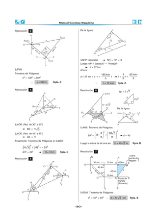 Resolución       3                                                  De la figura:




                                                                    ∆NHP: isósceles                    NH = HP = d
                                                                    Luego: NP = 2dcos20° = 74cos20°
                                                                               d = 37 km
 PMJ:                                                               Ahora:
Teorema de Pitágoras:                                                                                                       1    60 min
                                                                                              185 km
                                                                    d = 37 km = V · t =              ·t                t=     h=
      x2 = 1002 + 2402                                                                          h                           5      5
                 ∴      x = 260 m                Rpta. C                              ∴        t = 12 min              Rpta. C

Resolución       4                                                  Resolución        6                                tgα = 3 7

                                                                                                                                 8
                                                                                                                                            3 7
                                                                                                                                 a
                                                                                                                                     1
                                                                                                                   De la figura




 ADB: (Not. de 30° y 60°)
                                                                         AHB: Teorema de Pitágoras:
           BD = H 3
                                                                                             2                     2
 ADE: (Not. de 45° y 45°)                                                                d   3d 7 
                                                                              602   =  d+  +                            d = 40
         DE = H                                                                               
                                                                                          8  8    
Finalmente: Teorema de Pitágoras en                  BDE
                                                                    Luego la altura de la torre es:            H = 40 3 m                  Rpta. B
        (H 3 )
                 2
                     + (H) + = 24
                            2           2


      4H2 = 242                        H = 12 m       Rpta. D       Resolución        7
                                                                                                                                      Juana
                                                                                 N                                 N
Resolución       5                                                                                                                   (punto de
                                                                                                                                                 )
                                                                                                                                      llegada
                                                                                     30 km             10 km   S 40 km               E
                                             P                            O                                                     M
                                                                                          40 km
                                                                                     50                                     d
                                                                                          km 37°           40 km
                                                                                S
                                         °




                                                    58°    Q
                                       38




                                                                                                       10 km
                                                   12°
                                   °




                                                                                          O
                                20




                                  d                                                                            R Punto de E
                                                                                                                 Partida
                                                                                                                 (Roberto)
                   °
                 58




                      20°                                                                          S               S
             N        12°
                                                                         RSM: Teorema de Pitágoras:

                                                                              d2 = 402 + 402           ∴   d = 40 2 km                   Rpta. B


                                                                - 50 -
 