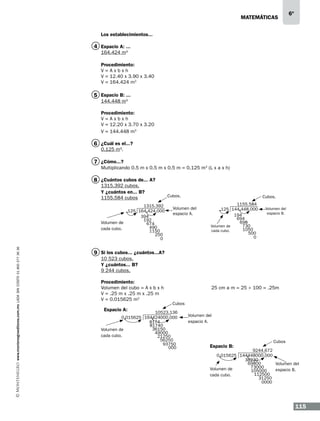 matemáticas

6º

Los establecimientos...

4 Espacio A: ...
164.424 m3

Procedimiento:
V=Axbxh
V = 12.40 x 3.90 x 3.40
V = 164.424 m3

5 Espacio B: ...
144.448 m3

Procedimiento:
V=Axbxh
V = 12.20 x 3.70 x 3.20
V = 144.448 m3

6 ¿Cuál es el...?
0.125 m3.

7 ¿Cómo...?

Multiplicando 0.5 m x 0.5 m x 0.5 m = 0.125 m3 (L x a x h)

8 ¿Cuántos cubos de... A?
1315.392 cubos.
Y ¿cuántos en... B?
1155.584 cubos

www.montenegroeditores.com.mx lada sin costo 01 800 277 36 36

1315.392
.125 164.424.000
394
192
Volumen de
674
490
cada cubo.
1150
250
0

Cubos.

Cubos.

Volumen del
espacio A.

1155.584
.125 144.448.000
194
694
698
730
Volumen de
1050
cada cubo.
500
0

Volumen del
espacio B.

9 Si los cubos... ¿cuántos...A?
10 523 cubos.
Y ¿cuántos... B?
9 244 cubos.

Procedimiento:
Volumen del cubo = A x b x h
V = .25 m x .25 m x .25 m
V = 0.015625 m3

25 cm a m = 25 ÷ 100 = .25m
Cubos

Espacio A:

10523.136
0.015625 164424000.000
8174
81740
36150
Volumen de
49000
cada cubo.
21250
56250
93750
000

Volumen del
espacio A.

Espacio B:

Cubos

9244.672
0.015625 144448000.000
38230
69800
Volumen del
73000
Volumen de
espacio B.
105000
112500
cada cubo.
31250
0000

115

 