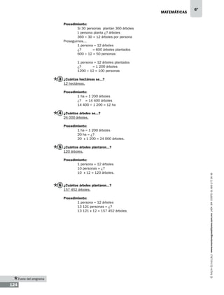 matemáticas

6º

Procedimiento:
	
Si 30 personas plantan 360 árboles
1 persona planta ¿? árboles
	
360 ÷ 30 = 12 árboles por persona
Proseguimos…
	
1 persona = 12 árboles
	
¿?
= 600 árboles plantados
	
600 ÷ 12 = 50 personas
	
	
	

1 persona = 12 árboles plantados
¿?
= 1 200 árboles
1200 ÷ 12 = 100 personas

3 ¿Cuántas hectáreas se...?
12 hectáreas.
Procedimiento:
	
1 ha = 1 200 árboles
	
¿? = 14 400 árboles
	
14 400 ÷ 1 200 = 12 ha

4 ¿Cuántos árboles se...?
24 000 árboles.
Procedimiento:
	
1 ha = 1 200 árboles
	
20 ha = ¿?
	
20 x 1 200 = 24 000 árboles.

5 ¿Cuántos árboles plantaron...?
Procedimiento:
	
1 persona = 12 árboles
	
10 personas = ¿?
	
10 x 12 = 120 árboles.

6 ¿Cuántos árboles plantaron...?
157 452 árboles.
Procedimiento:
	
1 persona = 12 árboles
	
13 121 personas = ¿?
	
13 121 x 12 = 157 452 árboles

Fuera del programa

124

www.montenegroeditores.com.mx lada sin costo 01 800 277 36 36

120 árboles.

 
