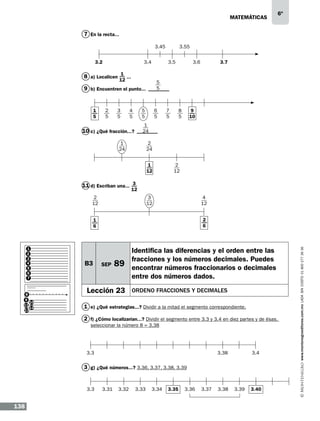matemáticas

6º

7 En la recta...
		

3.45

3.2

3.4

3.5

8 a) Localicen 1 ...
12

2
5

3
5

5
5

4
5

3.7

3.6

5
5

9 b) Encuentren el punto...

1
5

3.55

6
5

7
5

9
10

8
5

1
24

10 c) ¿Qué fracción...?

2
24

1
24

1
12

2
12

11 d) Escriban una... 3

12

2
12

3
12

4
12

1
2
3
4
5
6
7

8
9
10
11
12
13

B3

SEP

89

Lección 23

Identifica las diferencias y el orden entre las
fracciones y los números decimales. Puedes
encontrar números fraccionarios o decimales
entre dos números dados.
ORDENO FRACCIONES Y DECIMALES

1 e) ¿Qué estrategias...? Dividir a la mitad el segmento correspondiente.
2 f) ¿Cómo localizarían...? Dividir el segmento entre 3.3 y 3.4 en diez partes y de ésas,
seleccionar la número 8 = 3.38

3.3

3.38

3.4

3 g) ¿Qué números...? 3.36, 3.37, 3.38, 3.39

3.3

138

3.31

3.32

3.33

3.34

3.35

3.36

3.37

3.38

3.39

3.40

www.montenegroeditores.com.mx lada sin costo 01 800 277 36 36

2
6

1
6

 