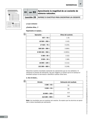 matemáticas

B3
1

SEP

Aproximarás la magnitud de un cociente de

93 números naturales.

Lección 25
2

6º

RAPIDEZ O EXACTITUD PARA ENCONTRAR UN COCIENTE

LO QUE CONOZCO
¿Cuántas cifras...?
Organizados en equipos...
Operación:

Cifras del cociente:
837 ÷ 93 =

1 (9)

10 500 ÷ 250 =

2 (42)

17 625 ÷ 75 =

3 (235)

328 320 ÷ 380 =

3 (864)

8 599 400 ÷ 950 =

4 (9052)

3 380 ÷ 65 =

2 (52)

3 026 ÷ 34 =

2 (89)

16 800 ÷ 150 =

3 (112)

213 280 ÷ 860 =

3 (248)

Obtuvimos nuestros resultados realizando las operaciones que se nos señalaron. Si
utilizamos el proceso de estimación, hay que imaginar un número que se le acerque al
resultado aunque no sea exacto e identificar cuántas cifras tiene.
1. Con el mismo...

2

División

Estimación del resultado
3 380 ÷ 65 =

52

3 026 ÷ 34 =

89

16 800 ÷ 150 =
213 280 ÷ 860 =

112
248

Nota: Los resultados que se muestran son exactos. Se espera que los alumnos se aproximen a estos resultados por estimación.

142

www.montenegroeditores.com.mx lada sin costo 01 800 277 36 36

1

 