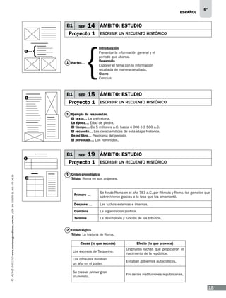 ESPAÑOL

B1

SEP

14 ÁMBITO: ESTUDIO

Proyecto 1
1

{

B1

SEP

ESCRIBIR UN RECUENTO HISTÓRICO
Introducción
Presentar la información general y el
periodo que abarca.
Desarrollo
Exponer el tema con la información
recabada de manera detallada.
Cierre
Concluir.

1 Partes…

1

6°

15 ÁMBITO: ESTUDIO

Proyecto 1

ESCRIBIR UN RECUENTO HISTÓRICO

1 Ejemplo de respuestas.

El texto… La prehistoria.
La época… Edad de piedra.
El tiempo… De 5 millones a.C. hasta 4 000 ó 3 500 a.C.
El recuento… Las características de esta etapa histórica.
En mi libro… Panorama del periodo.
El personaje… Los homínidos.

www.montenegroeditores.com.mx lada sin costo 01 800 277 36 36

1

2

B1

SEP

19 ÁMBITO: ESTUDIO

Proyecto 1

ESCRIBIR UN RECUENTO HISTÓRICO

1 Orden cronológico

Título: Roma en sus orígenes.

Primero …

Se funda Roma en el año 753 a.C. por Rómulo y Remo, los gemelos que
sobrevivieron gracias a la loba que los amamantó.

Después …

Las luchas externas e internas.

Continúa

La organización política.

Termina

La descripción y función de los tribunos.

2 Orden lógico

Título: La historia de Roma.
Causa (lo que sucede)

Efecto (lo que provoca)

Los excesos de Tarqueino.

Originaron luchas que propiciaron el
nacimiento de la república.

Los cónsules duraban
un año en el poder.

Evitaban gobiernos autocráticos.

Se crea el primer gran
triunvirato.

Fin de las instituciones republicanas.

15

 