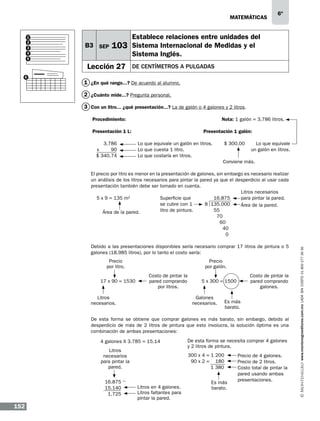 matemáticas

1
2
3
4
5

B3 SEP

103

Lección 27
6

6º

Establece relaciones entre unidades del
Sistema Internacional de Medidas y el
Sistema Inglés.
de centímetros a pulgadas

1 ¿En qué rango...? De acuerdo al alumno.
2 ¿Cuánto mide...? Pregunta personal.
3 Con un litro... ¿qué presentación...? La de galón o 4 galones y 2 litros.
Procedimiento:					
Presentación 1 L:				
3.786
x
90
$ 340.74

Nota: 1 galón = 3.786 litros.
Presentación 1 galón:

Lo que equivale un galón en litros.
Lo que cuesta 1 litro.
Lo que costaría en litros.

$ 300.00

Lo que equivale
un galón en litros.

Conviene más.

Debido a las presentaciones disponibles sería necesario comprar 17 litros de pintura o 5
galones (18.985 litros), por lo tanto el costo sería:
Precio
por litro.
17 x 90 = 1530

Precio
por galón.
Costo de pintar la
pared comprando
por litros.

Galones
necesarios.

Litros
necesarios.

Costo de pintar la
pared comprando
galones.

5 x 300 = 1500

Es más
barato.

De esta forma se obtiene que comprar galones es más barato, sin embargo, debido al
desperdicio de más de 2 litros de pintura que esto involucra, la solución óptima es una
combinación de ambas presentaciones:
4 galones X 3.785 = 15.14
Litros
necesarios
para pintar la
pared.
16.875
15.140
1.725

152

De esta forma se necesita comprar 4 galones
y 2 litros de pintura.
300 x 4 = 1 200
90 x 2 = 180
	
1 380

Litros en 4 galones.
Litros faltantes para
pintar la pared.

Es más
barato.

Precio de 4 galones.
Precio de 2 litros.
Costo total de pintar la
pared usando ambas
presentaciones.

www.montenegroeditores.com.mx lada sin costo 01 800 277 36 36

El precio por litro es menor en la presentación de galones, sin embargo es necesario realizar
un análisis de los litros necesarios para pintar la pared ya que el desperdicio al usar cada
presentación también debe ser tomado en cuenta.
Litros necesarios
5 x 9 = 135 m2
Superficie que
para pintar la pared.
16.875
se cubre con 1
8 135.000
Área de la pared.
litro de pintura.
55
Área de la pared.
70
60
40
0

 