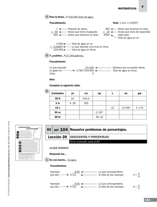 6º

matemáticas

4 Para la fiesta...? 103.495 litros de agua.
Procedimiento: 					
Paquete de vasos.
Vasos que tiene el paquete.
Vasos que tenemos en total.

7
x 50
350

3 500
x 0.02957
103.495

Nota: 1 litro = 0.02957
Vasos que tenemos en total.
Onzas que tiene de capacidad
cada vaso.
Total de agua en oz.

350
x 10
3500

Total de agua en oz.
Lo que equivale una onza en litros.
Total de agua en litros.

5 Y ¿cuántos...? 27.343 galones.
Procedimiento:
Lo que equivale
un galón en
litros.

27.343
3.785 103.495
0

Galones que se pueden llenar.
Total de agua en litros.

Reto
Completa la siguiente tabla:

6

Cantidades

yd

cm

30 ft

10

914.4

3m

3. 28

kg

300
3. 170

104 Resuelve problemas de porcentajes.

Lección 28

DESCUENTOS Y PORCENTAJES
Tema reubicado, pasa al B2

4
5
6
7

12 000

36. 32

B3 SEP

1
2
3

gal

2. 547

80 lb
www.montenegroeditores.com.mx lada sin costo 01 800 277 36 36

90 oz

mL

12

12 L

L

Lo que conozco
Responde las...

1 En una huerta... Es igual.
Procedimiento:
Naranjas
que dan.

4.00
3 12

Lo que correspondería.
El total de las naranjas.

4=

1
4

Naranjas
que dan.

4.00
5 20

Lo que correspondería.
El total de las naranjas.

4=

1
4

153

 