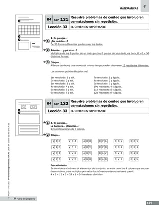 matemáticas

1

B4 SEP

3

Resuelve problemas de conteo que involucren

131 permutaciones sin repetición.

Lección 33
2

6º

El orden es importante

2. En parejas...

1 ¿De cuántas...?
De 36 formas diferentes pueden caer los dados.

2 Además..., ¿qué otro...?
Multiplicando los 6 puntos de un dado por los 6 puntos del otro lado, es decir, 6 x 6 = 36
distintas formas.

3 Dibujen...
Al lanzar un dado y una moneda al mismo tiempo pueden obtenerse 12 resultados diferentes.
Los alumnos podrán dibujarlos así:
1er resultado: 1 y sol.
2o resultado: 2 y sol.
3er resultado: 3 y sol.
4o resultado: 4 y sol.
5o resultado: 5 y sol.
6o resultado: 6 y sol.

Resuelve problemas de conteo que involucren

132 permutaciones sin repetición.
			

B4 SEP
1
2

7o resultado: 1 y águila.
8o resultado: 2 y águila.
9o resultado: 3 y águila.
10o resultado: 4 y águila.
11o resultado: 5 y águila.
12o resultado: 6 y águila.

Lección 33

El orden es importante

www.montenegroeditores.com.mx lada sin costo 01 800 277 36 36

1 3. En parejas...
La bandera... ¿Cuántas...?
24 combinaciones de 3 colores.

2 Dibuja...
	 V A R	

V B A	

A R B	

R V A	

R B V	

B R V

	 V A B	

V B R	

A R V	

R V B	

R B A	

B R A

	 V R A	

A V R	

A B V	

R A V	

B V A	

B A R

	 V R B	

A V B	

A B R	

R A B	

B V R	

B A V

Procedimiento:
Se considera el número de elementos del conjunto, en este caso los 4 colores que se pueden combinar, y se multiplica por todos los números enteros menores que él:
4 x 3 = 12 x 2 = 24 x 1 = 24 banderas distintas.

Fuera del programa

179

 