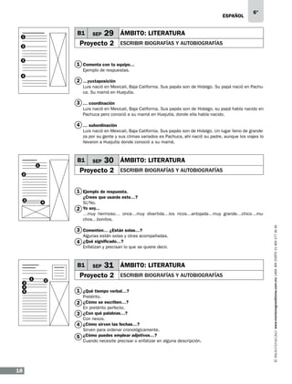 eSPAÑOL

B1

1

SEP

29 ÁMBITO: LITERATURA

Proyecto 2

2

3

6°

ESCRIBIR BIOGRAFÍAS Y AUTOBIOGRAFÍAS

1 Comenta con tu equipo…
Ejemplo de respuestas.

4

2 …yuxtaposición
Luis nació en Mexicali, Baja California. Sus papás son de Hidalgo. Su papá nació en Pachuca. Su mamá en Huejutla.

3 … coordinación
Luis nació en Mexicali, Baja California. Sus papás son de Hidalgo, su papá había nacido en
Pachuca pero conoció a su mamá en Huejutla, donde ella había nacido.

4 … subordinación
Luis nació en Mexicali, Baja California. Sus papás son de Hidalgo. Un lugar lleno de grandeza por su gente y sus climas variados es Pachuca, ahí nació su padre, aunque los viajes lo
llevaron a Huejutla donde conoció a su mamá.

B1

1

SEP

30 ÁMBITO: LITERATURA

Proyecto 2

2

ESCRIBIR BIOGRAFÍAS Y AUTOBIOGRAFÍAS

1 Ejemplo de respuesta.
¿Crees que usarás este…?
Sí/No.
2 Yo soy...
…muy hermoso… once…muy divertida…los ricos…antojada…muy grande…chico…muchos…bonitos.

4

3 Comenten… ¿Están solas…?
Algunas están solas y otras acompañadas.

4 ¿Qué significado…?

Enfatizan y precisan lo que se quiere decir.

B1
3
4
5

1

2

SEP

31 ÁMBITO: LITERATURA

Proyecto 2

ESCRIBIR BIOGRAFÍAS Y AUTOBIOGRAFÍAS

1 ¿Qué tiempo verbal…?
Pretérito.

2 ¿Cómo se escriben…?

En pretérito perfecto.
3 ¿Con qué palabras…?
Con nexos.
4 ¿Cómo sirven las fechas…?
Sirven para ordenar cronológicamente.
5 ¿Cómo puedes emplear adjetivos…?
Cuando necesite precisar o enfatizar en alguna descripción.

18

www.montenegroeditores.com.mx lada sin costo 01 800 277 36 36

3

 