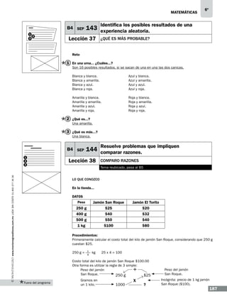 matemáticas

B4 SEP
1
3

2

6º

Identifica los posibles resultados de una

143 experiencia aleatoria.

Lección 37

¿Qué es más probable?

Reto

1 En una urna... ¿Cuáles...?
Son 16 posibles resultados, si se sacan de una en una las dos canicas.
Blanca y blanca.			
Blanca y amarilla.			
Blanca y azul.			
Blanca y roja.			

Azul
Azul
Azul
Azul

y
y
y
y

blanca.
amarilla.
azul.
roja.

Amarilla
Amarilla
Amarilla
Amarilla

Roja
Roja
Roja
Roja

y
y
y
y

blanca.
amarilla.
azul.
roja.

y
y
y
y

blanca.			
amarilla.		
azul.			
roja.			

2 ¿Qué es...?
Una amarilla.

3 ¿Qué es más...?
Una blanca.

B4 SEP

www.montenegroeditores.com.mx lada sin costo 01 800 277 36 36

1
2
3

Resuelve problemas que impliquen

144 comparar razones.

Lección 38

comparo razones
Tema reubicado, pasa al B5

Lo que conozco
En la tienda...
DATOS

Jamón San Roque
$25
$40
$50
$100

Peso

250 g
400 g
500 g
1 kg

Jamón El Torito
$20
$32
$40
$80

Procedimientos:
Primeramente calcular el costo total del kilo de jamón San Roque, considerando que 250 g
cuestan $25.
250 g =

1
4

kg 	

25 x 4 = 100

Costo total del kilo de jamón San Roque $100.00
Otra forma es utilizar la regla de 3 simple:
Peso del jamón
San Roque.
250 g
	
$25

÷

Fuera del programa

Gramos en
un 1 kilo.

1000

x

	

?

Peso del jamón
San Roque.
Incógnita: precio de 1 kg jamón
San Roque ($100).

187

 