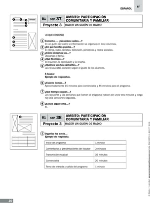 eSPAÑOL

1

2

3
4
5

B1

SEP

6°

37 ÁMBITO: PARTICIPACIÓN
COMUNITARIA Y FAMILIAR

Proyecto 3

HACER UN GUIÓN DE RADIO

LO QUE CONOZCO

6

1 Comenta … ¿recuerdas cuáles…?

7

En un guión de teatro la información se organiza en dos columnas.

8

2 ¿En qué fuentes puedes…?

En libros, radio, revistas, televisión, periódicos y redes sociales.
3 ¿Cómo detectas las…?
Ubicando el tema.
4 ¿Qué técnicas…?
El resumen, la conclusión y la reseña.
5 ¿Quiénes son tus cantantes…?
Las respuestas variarán según el gusto de los alumnos.
A buscar
Ejemplo de respuestas.

6 ¿Cuánto tiempo…?

Aproximadamente 15 minutos para comerciales y 45 minutos para el programa.

7 ¿Qué tiempo ocupan…?
Los locutores y las personas que llaman al programa hablan por unos tres minutos y luego
hay dos canciones seguidas.

8 ¿Existe algún tema…?
Sí.

B1

SEP

38 ÁMBITO: PARTICIPACIÓN
COMUNITARIA Y FAMILIAR

Proyecto 3

HACER UN GUIÓN DE RADIO

1 Organiza los datos…
Ejemplo de respuesta.
Inicio de programa
Comentarios y presentaciones del locutor

3 minutos

Transmisión musical

35 minutos

Comerciales

20 minutos

Tema de entrada y salida del programa

20

1 minuto

1 minuto

www.montenegroeditores.com.mx lada sin costo 01 800 277 36 36

1

 