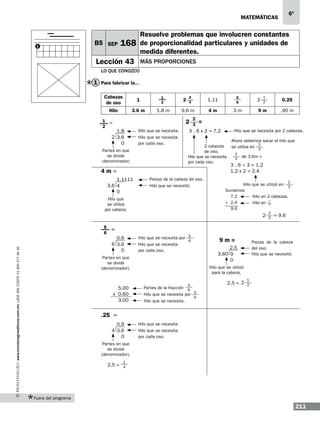 6º

matemáticas

1

B5 SEP

Resuelve problemas que involucren constantes
de proporcionalidad particulares y unidades de
medida diferentes.

168

Lección 43

más proporciones

Lo que conozco

1 Para fabricar la...
Cabezas
de oso

1

1
2

Hilo

3.6 m

1.8 m

2

2
3

1.8
2 3.6
0

Hilo que se necesita.
Hilo que se necesita
por cada oso.

Partes en que
se divide
(denominador)

2
3

3m

3 . 6 x 2 = 7.2

1
2

9m

www.montenegroeditores.com.mx lada sin costo 01 800 277 36 36

.90 m

Piezas de la cabeza de oso.
Hilo que se necesitó.

Ahora debemos sacar el hilo que
2
se utiliza en 3
2
3

de 3.6m =

3 . 6 ÷ 3 = 1.2
1.2 x 2 = 2.4
2

Hilo que se utilizó en 3
Sumamos
7.2
Hilo en 2 cabezas.
+ 2.4
Hilo en 2
3
9.6

2
5
6

0.25

Hilo que se necesita por 2 cabezas.

2 cabezas
de oso.
Hilo que se necesita
por cada oso.

Hilo que
se utiliza
por cabeza.

2

=

4m=
1.1111
3.6 4
0

5
6

4m

9.6 m

2

1 =
2

1.11

2
3

= 9.6

=
0.6
6 3.6
0

Hilo que se necesita por 5
6
Hilo que se necesita
por cada oso.

9m=

Partes en que
se divide
(denominador).

5.00
x 0.60
3.00

Piezas de la cabeza
del oso.
Hilo que se necesitó.

2.5
3.60 9
0
Hilo que se utilizó
para la cabeza.

5
6

Partes de la fracción
Hilo que se necesita por 5
Hilo que se necesita.

2.5 = 2

1
2

6

.25 =
0.9
4 3.6
0

Hilo que se necesita
Hilo que se necesita
por cada oso.

Partes en que
se divide
(denominador).

2.5 =

1
4

Fuera del programa

211

 