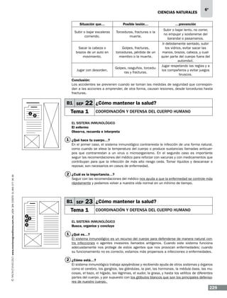 CIENCIAS NATURALEs
Situación que…

Posible lesión…

Subir o bajar escaleras
corriendo.

Torceduras, fracturas o la
muerte.

Sacar la cabeza o
brazos de un auto en
movimiento.

Golpes, fracturas,
torceduras, pérdida de un
miembro o la muerte.

Jugar con desorden.

Golpes, rasguños, torceduras y fracturas.

6º

…prevención
Subir o bajar lento, no correr,
no empujar y sostenerse del
barandal o pasamanos.
Ir debidamente sentado, subir
los vidrios, evitar sacar las
manos, brazos, cabeza, y cualquier parte del cuerpo fuera del
automóvil.
Jugar respetando las reglas y a
los compañeros y evitar juegos
bruscos.

Conclusión:
Los accidentes se previenen cuando se toman las medidas de seguridad que correspondan a las acciones a emprender, de otra forma, causan lesiones, desde torceduras hasta
fracturas.

B1 SEP
1

2

22 ¿Cómo mantener la salud?

Tema 1

Coordinación y defensa del cuerpo humano

El sistema inmunológico
El enfermo
Observa, recuerda e interpreta

1 ¿Qué hace tu cuerpo…?

www.montenegroeditores.com.mx lada sin costo 01 800 277 36 36

En el primer caso, el sistema inmunológico contrarresta la infección de una forma natural,
como cuando se eleva la temperatura del cuerpo o produce sustancias llamadas anticuerpos que contrarrestan a un virus o microorganismo. En el segundo caso es importante
seguir las recomendaciones del médico para reforzar con vacunas y con medicamentos que
contribuyan para que la infección de más alto riesgo ceda. Tomar líquidos y descansar o
reposar, son necesarios en casos de enfermedad.

2 ¿Cuál es la importancia…?
Seguir con las recomendaciones del médico nos ayuda a que la enfermedad se controle más
rápidamente y podamos volver a nuestra vida normal en un mínimo de tiempo.

B1 SEP

23 ¿Cómo mantener la salud?

Tema 1
1
3
4

2

Coordinación y defensa del cuerpo humano

El sistema inmunológico
Busca, organiza y concluye

1 ¿Qué es…?
El sistema inmunológico es un recurso del cuerpo para defenderse de manera natural contra infecciones o agentes invasores llamados antígenos. Cuando este sistema funciona
adecuadamente nos protege de estos agentes que nos provocan enfermedades; cuando
su funcionamiento no es correcto, estamos más propensos a infecciones o enfermedades.

2 ¿Cómo está…?
El sistema inmunológico trabaja apoyándose y recibiendo ayuda de otros sistemas y órganos
como el cerebro, los ganglios, las glándulas, la piel, las hormonas, la médula ósea, las mucosas, el bazo, el hígado, las lágrimas, el sudor, la grasa, y hasta los vellitos de diferentes
partes del cuerpo, y por supuesto con los glóbulos blancos que son los principales defensores de nuestro cuerpo.

229

 