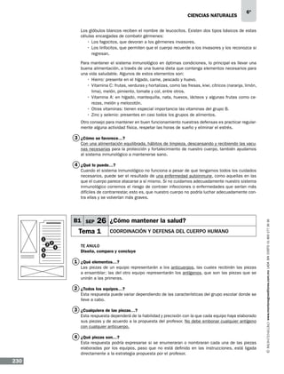 CIENCIAS NATURALEs

6º

Los glóbulos blancos reciben el nombre de leucocitos. Existen dos tipos básicos de estas
células encargadas de combatir gérmenes:
•	 Los fagocitos, que devoran a los gérmenes invasores.
•	 Los linfocitos, que permiten que el cuerpo recuerde a los invasores y los reconozca si
regresan.
Para mantener el sistema inmunológico en óptimas condiciones, lo principal es llevar una
buena alimentación, a través de una buena dieta que contenga elementos necesarios para
una vida saludable. Algunos de estos elementos son:
•	 Hierro: presente en el hígado, carne, pescado y huevo.
•	 Vitamina C: frutas, verduras y hortalizas, como las fresas, kiwi, cítricos (naranja, limón,
lima), melón, pimiento, tomate y col, entre otros.
•	 Vitamina A: en hígado, mantequilla, nata, huevos, lácteos y algunas frutas como cerezas, melón y melocotón.
•	 Otras vitaminas: tienen especial importancia las vitaminas del grupo B.
•	Zinc y selenio: presentes en casi todos los grupos de alimentos.
Otro consejo para mantener en buen funcionamiento nuestras defensas es practicar regularmente alguna actividad física, respetar las horas de sueño y eliminar el estrés.

3 ¿Cómo se favorece…?
Con una alimentación equilibrada, hábitos de limpieza, descansando y recibiendo las vacunas necesarias para la protección y fortalecimiento de nuestro cuerpo, también ayudamos
al sistema inmunológico a mantenerse sano.

4 ¿Qué lo puede…?

B1 SEP

26 ¿Cómo mantener la salud?

Tema 1
1
3
5
6

2
4

Coordinación y defensa del cuerpo humano

Te anulo
Diseña, compara y concluye

1 ¿Qué elementos…?
Las piezas de un equipo representarán a los anticuerpos, las cuales recibirán las piezas
a ensamblar; las del otro equipo representarán los antígenos, que son las piezas que se
unirán a las primeras.

2 ¿Todos los equipos…?
Esta respuesta puede variar dependiendo de las características del grupo escolar donde se
lleve a cabo.

3 ¿Cualquiera de las piezas…?
Esta respuesta dependerá de la habilidad y precisión con la que cada equipo haya elaborado
sus piezas y de acuerdo a la propuesta del profesor. No debe embonar cualquier antígeno
con cualquier anticuerpo.

4 ¿Qué piezas son…?
Esta respuesta podría expresarse si se enumeraran o nombraran cada una de las piezas
elaboradas por los equipos, paso que no está definido en las instrucciones, está ligada
directamente a la estrategia propuesta por el profesor.

230

www.montenegroeditores.com.mx lada sin costo 01 800 277 36 36

Cuando el sistema inmunológico no funciona a pesar de que tengamos todos los cuidados
necesarios, puede ser el resultado de una enfermedad autoinmune, como aquellas en las
que el cuerpo parece atacarse a sí mismo. Si no cuidamos adecuadamente nuestro sistema
inmunológico corremos el riesgo de contraer infecciones o enfermedades que serían más
difíciles de contrarrestar, esto es, que nuestro cuerpo no podría luchar adecuadamente contra ellas y se volverían más graves.

 