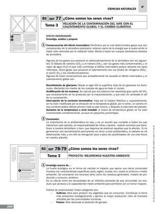 CIENCIAS NATURALEs

B2 SEP

6º

77 ¿Cómo somos los seres vivos?

Tema 3

Relación de la contaminación del aire con el
calentamiento global y el cambio climático.

Efecto invernadero
Investiga, analiza y propone

1
2

1 Consecuencias del efecto invernadero: Fenómeno por el cual determinados gases que son
componen­es de la atmósfera planetaria, retienen parte de la energía que el suelo emite al
t
haber sido calentado por la radiación solar. Afecta a todos los cuerpos planetarios dotados
de atmósfera.
Algunos de los gases que provocan el sobrecalentamiento de la atmósfera son los siguientes: El dióxido de carbono (CO2) y el metano (CH4), son los gases más contaminantes, y el
vapor de agua (H20) el que más contribuye al efecto inver­ adero porque absorbe los rayos
n
infrarrojos. Otros gases que provocan el calentamiento son los óxidos de nitrógeno (NOx) ,
el ozono (O3) y los clorofluorocarbonos.
Algunas de esas consecuencias que probablemente ha causado el efecto invernadero y el
calentamiento global son:
Derretimiento de glaciares: Desde el siglo XIX la superficie total de los glaciares ha disminuido, afectando los niveles de los cuerpos de agua en todo el mundo.
Acidificación de los océanos: Se calcula que los océanos han absorbido gran parte del CO2
que excesivamente se ha producido por la industrialización, y que esto ha cambiado el pH
de su composición.
Interrupción de la corriente termohalina: Viaja por el océano Atlántico y, supuestamente,  
se ha visto modificada por la elevación de la temperatura global, por lo tanto, un cambio en
esa corriente podría afectar primero toda la vida marina, y después la vida total del planeta.
Aumento de la temperatura a nivel mundial: el índice de temperatura global se ha visto
incrementado constantemente, aunque en pequeños porcentajes.

La importancia de la problemática es real, y es un asunto que compete a todos los que
habitamos este planeta, es responsabilidad de niños y adultos realizar acciones que beneficien a nuestra atmósfera, o bien, que dejemos de practicar aquéllas que la afectan. Si no
generamos una sensibilización permanente en torno a esta problemática, el planeta se irá
deteriorando más, y con ello se extinguirán poco a poco las posibilidades de una vida futura
en nuestro planeta.

B2 SEP

78-79 ¿Cómo somos los seres vivos?

Tema 3

PROYECTO: Mejoremos nuestro ambiente

1 Investiga acerca de…
1

La huella ecológica es la forma de calcular el impacto que ejerce una cierta comunidad
humana con características específicas (país, región, ciudad, etc.) sobre su entorno o medio
ambiente. Se consideran los recursos tanto como los residuos generados, modelo de producción y consumo, etcétera.
Es un cálculo entre las necesidades de un individuo promedio de esa comunidad, los residuos que produce y la capacidad del medio ambiente para asimilarlo con el menor impacto.
Índices de productividad. Estas categorías son:
-	Cultivos: Área para producir los vegetales que se consumen. Constituye la tierra
más productiva ecológicamente y genera la mayor producción neta de biomasa
utilizable por las comunidades humanas.
-	Pastos: Área dedicada al pastoreo de ganado.

244

www.montenegroeditores.com.mx lada sin costo 01 800 277 36 36

2 Conclusión:

 
