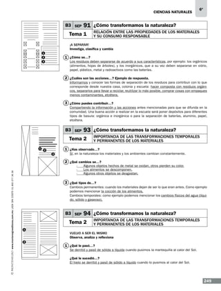 CIENCIAS NATURALEs

B3 SEP

6º

91 ¿Cómo transformamos la naturaleza?

Tema 1

Relación entre las propiedades de los materiales
y su consumo responsable

¡A separar!
Investiga, clasifica y cambia
1

1 ¿Cómo se…?

2

Los residuos deben separarse de acuerdo a sus características, por ejemplo: los orgánicos
(alimentos, hojas de árboles), y los inorgánicos, que a su vez deben separarse en vidrio,
papel, plástico, metal y radioactivos como las baterías.

3

2 ¿Cuáles son las acciones…? Ejemplo de respuesta.
Informarnos y conocer las formas de separación de los residuos para contribuir con lo que
corresponde desde nuestra casa, colonia y escuela: hacer composta con residuos orgánicos, separarlos para llevar a reciclar, reutilizar lo más posible, comprar cosas con empaques
menos contaminantes, etcétera.

3 ¿Cómo puedes contribuir…?
Compartiendo la información y las acciones antes mencionadas para que se difunda en la
comunidad. Una buena acción a realizar en la escuela será poner depósitos para diferentes
tipos de basura: orgánica e inorgánica o para la separación de baterías, aluminio, papel,
etcétera.

B3 SEP

93 ¿Cómo transformamos la naturaleza?

Tema 2
1

Importancia de las transformaciones temporales
y permanentes de los materiales

1 ¿Has observado…?

2
3

Sí, en la naturaleza los materiales y los ambientes cambian constantemente.

www.montenegroeditores.com.mx lada sin costo 01 800 277 36 36

2 ¿Qué cambios se…?
-	
-	
-	

Algunos objetos hechos de metal se oxidan, otros pierden su color.
Los alimentos se descomponen.
Algunos otros objetos se desgastan.

3 ¿Qué tipos de…?
Cambios permanentes: cuando los materiales dejan de ser lo que eran antes. Como ejemplo
podemos mencionar la cocción de los alimentos.
Cambios temporales: como ejemplo podemos mencionar los cambios físicos del agua (líquido, sólido y gaseoso).

B3 SEP

94 ¿Cómo transformamos la naturaleza?

Tema 2
1

2

Importancia de las transformaciones temporales
y permanentes de los materiales

Vuelvo a ser el mismo
Observa, analiza y reflexiona

1 ¿Qué le pasó…?

Se derritió y pasó de sólida a líquida cuando pusimos la mantequilla al calor del Sol.
¿Qué le sucedió…?
El hielo se derritió y pasó de sólido a líquido cuando lo pusimos al calor del Sol.

249

 