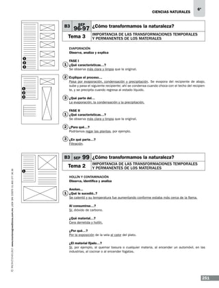 CIENCIAS NATURALEs

B3

6º

SEP
96-97 ¿Cómo transformamos la naturaleza?

Tema 3

Importancia de las transformaciones temporales
y permanentes de los materiales

Evaporación
Observa, analiza y explica
1
2
3

FASE I

1 ¿Qué características…?
Se observa más clara y limpia que la original.

2 Explique el proceso…
1
2
3

Pasa por evaporación, condensación y precipitación. Se evapora del recipiente de abajo,
sube y pasa el siguiente recipiente; ahí se condensa cuando choca con el techo del recipiente, y se precipita cuando regresa al estado líquido.

3 ¿Qué parte del…
La evaporación, la condensación y la precipitación.
FASE II

1 ¿Qué características…?
Se observa más clara y limpia que la original.

2 ¿Para qué…?
Podríamos regar las plantas, por ejemplo.

3 ¿En qué parte…?
Filtración.

www.montenegroeditores.com.mx lada sin costo 01 800 277 36 36

B3 SEP

99 ¿Cómo transformamos la naturaleza?

Tema 2
1

Importancia de las transformaciones temporales
y permanentes de los materiales

Hollín y contaminación
Observa, identifica y analiza
Anoten...

1 ¿Qué le sucedió..?
Se calentó y su temperatura fue aumentando conforme estaba más cerca de la flama.
Al consumirse…?
Sí, dióxido de carbono.
¿Qué material…?
Cera derretida y hollín.
¿Por qué…?
Por la exposición de la vela al calor del plato.
¿El material fijado…?
Sí, por ejemplo, al quemar basura o cualquier materia, al encender un automóvil, en las
industrias, al cocinar o al encender fogatas.

251

 