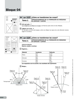 Bloque 04
B4 SEP

113 ¿Cómo se transforman las cosas?

Tema 1

1
2

Aprovechamiento de la formación de imágenes
en espejos y lentes

1 ¿Por qué pudo…?
Las imágenes se reflejan en el agua, así Narciso pudo verse en ella reflejado.

2 ¿Alguna vez te has…?
Sí. Se debe a la forma del espejo y cómo se reflejan los rayos de luz de diferente manera
según la curvatura.

B4 SEP

114 ¿Cómo se transforman las cosas?

Tema 1

Aprovechamiento de la formación de imágenes
en espejos y lentes

Tipos de espejos
Observa, analiza y concluye

2

4

1 Registren…
Material

Incidencia
60º
Plano
40º
90º
Cóncavo
90º
90º
Convexo
90º
Las respuestas son de acuerdo a los resultados del

2 Dibujos…

256

Reflexión
120º
140º
60º
45º
60º
105º
experimento.

www.montenegroeditores.com.mx lada sin costo 01 800 277 36 36

3

1

 