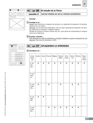 geografía
1

B1

2

SEP

6º

36 El estudio de la Tierra

Lección 4

NUEVAS FORMAS DE VER EL ESPACIO GEOGRÁFICO

Actividad

1 Investiga en un…
Celular: para ubicarnos en espacios de acuerdo a su capacidad de respuesta. Por ejemplo,
ubicarnos en una ciudad.
Vehículos: son un poco más sofisticados, con una mayor capacidad de respuesta. Por ejemplo, ubicarnos en carreteras, ciudades o países.
También se incluyen en barcos, aviones, jets, etc., para ubicar las coordenadas en cualquier
punto de su trayectoria.

2 En grupo, comenten…
Para ubicarnos en caso de extraviarnos o localizar mediante un plano la ubicación de una
dirección. Para esto es importante un GPS.

B1

1

SEP

37 APLIQUEMOS LO APRENDIDO

1 Identifiquen los…
Características

www.montenegroeditores.com.mx lada sin costo 01 800 277 36 36

2

R. de
bosque…

Austria Suiza Francia Bélgica

X

X

X

X

Países
Bajos

Dinamarca

Alemania

Polonia

República
Checa

X

X

X

X

X

X

X

R. con
relieve…

R. con
ciudades…

X

R. con
lugares…

X

R. con
ciudades…

X

X

X

X

X

X

X

X

X

X

277

 
