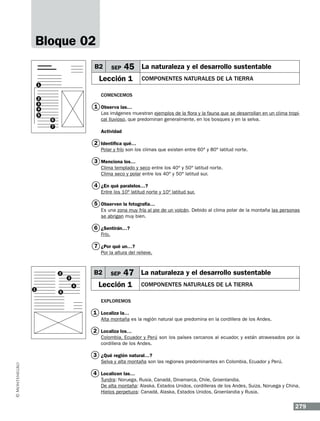 Bloque 02
B2

SEP

45 La naturaleza y el desarrollo sustentable

Lección 1

1

COMPONENTES NATURALES DE LA TIERRA

Comencemos

2
3
4

1 Observa las…
Las imágenes muestran ejemplos de la flora y la fauna que se desarrollan en un clima tropical lluvioso, que predominan generalmente, en los bosques y en la selva.

5
6
7

Actividad

2 Identifica qué…
Polar y frío son los climas que existen entre 60° y 80° latitud norte.

3 Menciona los…
Clima templado y seco entre los 40° y 50° latitud norte.
Clima seco y polar entre los 40° y 50° latitud sur.

4 ¿En qué paralelos…?
Entre los 10° latitud norte y 10° latitud sur.

5 Observen la fotografía…
Es una zona muy fría al pie de un volcán. Debido al clima polar de la montaña las personas
se abrigan muy bien.

6 ¿Sentirán…?
Frío.

7 ¿Por qué un…?
Por la altura del relieve.

B2

2
3
1

4

SEP

47 La naturaleza y el desarrollo sustentable

Lección 1

COMPONENTES NATURALES DE LA TIERRA

5

Exploremos

1 Localiza la…
Alta montaña es la región natural que predomina en la cordillera de los Andes.

2 Localiza los…
Colombia, Ecuador y Perú son los países cercanos al ecuador, y están atravesados por la
cordillera de los Andes.

3 ¿Qué región natural…?
Selva y alta montaña son las regiones predominantes en Colombia, Ecuador y Perú.

4 Localicen las…
Tundra: Noruega, Rusia, Canadá, Dinamarca, Chile, Groenlandia.
De alta montaña: Alaska, Estados Unidos, cordilleras de los Andes, Suiza, Noruega y China.
Hielos perpetuos: Canadá, Alaska, Estados Unidos, Groenlandia y Rusia.

279

 