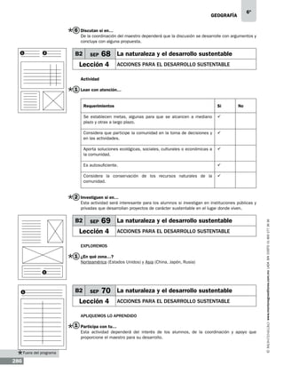 6º

geografía

6 Discutan si en…
De la coordinación del maestro dependerá que la discusión se desarrolle con argumentos y
concluya con alguna propuesta.
1

2

B2

SEP

68 La naturaleza y el desarrollo sustentable

Lección 4

ACCIONES PARA EL DESARROLLO SUSTENTABLE

Actividad

1 Lean con atención…
Requerimientos

Sí

Se establecen metas, algunas para que se alcancen a mediano
plazo y otras a largo plazo.

ü

Considera que participe la comunidad en la toma de decisiones y
en las actividades.

ü

Aporta soluciones ecológicas, sociales, culturales o económicas a
la comunidad.

ü

Es autosuficiente.

ü

Considera la conservación de los recursos naturales de la
comunidad.

No

ü

2 Investiguen si en…

B2

SEP

69 La naturaleza y el desarrollo sustentable

Lección 4

ACCIONES PARA EL DESARROLLO SUSTENTABLE

Exploremos

1 ¿En qué zona…?
Norteamérica (Estados Unidos) y Asia (China, Japón, Rusia)
1

1

B2

SEP

70 La naturaleza y el desarrollo sustentable

Lección 4

ACCIONES PARA EL DESARROLLO SUSTENTABLE

Apliquemos lo aprendido

1 Participa con tu…
Esta actividad dependerá del interés de los alumnos, de la coordinación y apoyo que
proporcione el maestro para su desarrollo.
Fuera del programa

286

www.montenegroeditores.com.mx lada sin costo 01 800 277 36 36

Esta actividad será interesante para los alumnos si investigan en instituciones públicas y
privadas que desarrollan proyectos de carácter sustentable en el lugar donde viven.

 