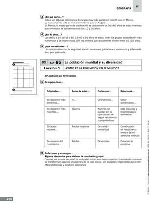 geografía

6º

3 ¿En qué parte…?
Estas son algunas diferencias: En Angola hay más población infantil que en México.
La esperanza de vida es mayor en México que en Angola.
En Francia, la mayor parte de la población se ubica entre los 30 y 60 años de edad; mientras
que en México se concentra entre los 10 y 35 años.

4 ¿En 40 años…?
Los de 50 a 54, de 55 a 60 y de 60 a 65 años de edad, serán los grupos de población más
numerosos y de mayor edad. Son los jóvenes que actualmente tienen entre 10 y 25 años.

5 ¿Qué necesidades…?
Las relacionadas con la seguridad social: pensiones, jubilaciones, asistencia y enfermedades, principalmente.

1

B3

SEP

85 La población mundial y su diversidad

Lección 1

¿CÓMO ES LA POBLACIÓN EN EL MUNDO?

Apliquemos lo aprendido

1 En equipo, lean...
Principales…

Grupo de edad…

Problemas…

Soluciones…

Se requieren más
alimentos…

Ni…

Desnutrición…

Mejor
alimentación…

Se requieren más
maestros…

Jóvenes

Alumnos se
quedan sin la
oportunidad de
seguir estudiando
y preparándose.

Más escuelas y
maestros para
atenderlas.

El Estado
requiere…

Adultos mayores

De salud y
mortalidad

Construcción
de hospitales y
mejora de los
servicios médicos

Se requiere del
crecimiento…

Adultos

Desempleo

Creación de
empleos

2 Reflexionen y expongan...
Algunos elementos para elaborar la conclusión grupal:
Conocer los grupos de edad (la pirámide), cómo van evolucionando y cambiando conforme
se transforman algunas situaciones de la vida social, son aspectos importantes para identificar problemas y posibles soluciones.

290

www.montenegroeditores.com.mx lada sin costo 01 800 277 36 36

2

 