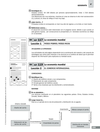 geografía

6º

4 Investiguen el…
Estados Unidos: 44 190 dólares por persona aproximadamente. India: 1 016 dólares
aproximadamente.
Las diferencias son muy extremas, mientras en unas se observa el alto nivel socioeconómico y cultural, en otras se refleja el nivel muy bajo.

5 ¿Qué nivel le…?
A Estados Unidos le corresponde un nivel muy alto de ingreso y a la India un nivel medio.

6 Reflexionen acerca....
El desarrollo económico está relacionado con el progreso social, debido a que cuando un
país genera riqueza, por consecuencia la prosperidad y el bienestar económico se refleja
en la sociedad.

B4 SEP

117 La economía mundial

Lección 1

pAÍSES POBRES, PAÍSES RICOS

Apliquemos lo aprendido
Las actividades de esta página dependerán de la coordinación del maestro y del conjunto de
estrategias que utilice para interesar a los alumnos en el análisis de datos que le permitan
disponer de información para explicarse su realidad social.

B4 SEP

119 La economía mundial

Lección 2

1

EL COMERCIO INTERNACIONAL

2

1 Identifiquen las…

3
5

4

1°
2°
3°
4°

Diseño del teléfono celular y sus componentes.
Elaboración de cada componente.
Armado general del teléfono celular.
Venta a las empresas que los distribuirán y comercializarán.

Actividad

2 En un planisferio…
Los alumnos localizarán en el planisferio los siguientes países: China, Estados Unidos,
Canadá, Taiwán y México.

3 Luego tracen la…
Éste es un ejemplo de la ruta de producción y distribución de un juguete.
Ontario, Canadá
Diseño del carrito

Ensambladoras

Ensamblado de partes

Comercialización

Elaboración de las
partes del carrito

Taiwán

México compra el carrito

Distribución

Importación
Fabricación

www.montenegroeditores.com.mx lada sin costo 01 800 277 36 36

Comencemos

Distribución en tiendas
mexicanas

299

 