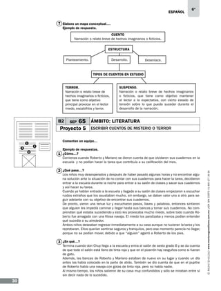 eSPAÑOL

6°

7 Elabora un mapa conceptual….
Ejemplo de respuesta.
CUENTO
Narración o relato breve de hechos imaginarios o ficticios.
ESTRUCTURA

.

Planteamiento.

Desarrollo.

Desenlace.

TIPOS DE CUENTOS EN ESTUDIO

TERROR.
Narración o relato breve de
hechos imaginarios o ficticios,
que tiene como objetivo
principal provocar en el lector
miedo, escalofríos y terror.

B2

SEP

SUSPENSO.
Narración o relato breve de hechos imaginarios
o ficticios, que tiene como objetivo mantener
al lector a la expectativa, con cierto estado de
tensión sobre lo que pueda suceder durante el
desarrollo de la narración.

65 ÁMBITO: LITERATURA

Proyecto 5

ESCRIBIR CUENTOS DE MISTERIO O TERROR

Comenten en equipo…

1

2

3
4

Ejemplo de respuestas.

1 ¿Cómo…?

2 ¿Qué pasa…?

Los niños muy desesperados y después de haber pasado algunas horas y no encontrar alguna solución ante la situación de no contar con sus cuadernos para hacer la tarea, decidieron
entrar a la escuela durante la noche para entrar a su salón de clases y sacar sus cuadernos
y así hacer su tarea.
Cuando ya habían entrado a la escuela y llegado a su salón de clases empezaron a escuchar
ruidos extraños que los asustaban mucho, sin embargo, se daban valor uno a otro para seguir adelante con su objetivo de encontrar sus cuadernos.
De pronto, vieron una tenue luz y escucharon pasos, llaves y palabras, entonces sintieron
que alguien les impedía caminar y llegar hasta sus bancas y tomar sus cuadernos. No comprendían qué estaba sucediendo y esto les provocaba mucho miedo, sobre todo cuando Roberto fue amagado con una filosa navaja. El miedo los paralizaba y menos podían entender
qué sucedía a su alrededor.
Ambos niños deseaban regresar inmediatamente a su casa aunque no tuvieran la tarea y los
reprobaran. Ellos querían sentirse seguros y tranquilos, pero ese momento parecía no llegar,
porque no se podían mover, debido a que “alguien” agarró a Roberto de los pies.

3 ¿En qué…?

Termina cuando don Chuy llega a la escuela y entra al salón de sexto grado B y se da cuenta
de que todo el salón está lleno de tinta roja y que en el pizarrón hay rasguños como si fueran
de gato.
Además, las bancas de Roberto y Mariano estaban de nuevo en su lugar y cuando un día
antes las había colocado en la parte de atrás. También se dio cuenta de que en el pupitre
de Roberto había una navaja con gotas de tinta roja, pero no había nadie.
Al mismo tiempo, los niños salieron de su casa muy confundidos y sólo se miraban entre sí
sin decir nada de lo sucedido.

30

www.montenegroeditores.com.mx lada sin costo 01 800 277 36 36

Comienza cuando Roberto y Mariano se dieron cuenta de que olvidaron sus cuadernos en la
escuela y no podían hacer la tarea que contribuía a su calificación del mes.

 