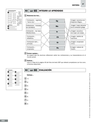 historia

B2

1

SEP

6°

65 INTEGRO LO APRENDIDO

1 Relaciona las tres…
Civilización...…significa
“tierra…ríos”.

Me

Imagen: mapa ubicación
de la civilización griega

Civilización...…las islas
Mediterráneo.

In

Imagen: escultura
de mujer con vasija.

Civilización...…
alfabética.

Ch

Imagen: tablilla de
escritura.

Civilización…latín...…
principal.

Gr

Imagen: emperador
chino.

Civilización...…
emperador.

3

Imagen: escultura de
Alejandro Magno.

Civilizaciones...… minerales…
de cosméticos.

2

Eg

Ro

Imagen: cabeza de
faraón.

2 Formen equipos...
Se espera que los alumnos reflexionen sobre las civilizaciones y su trascendencia en el
mundo actual.

3 Vuelvan...
Usar el mapa de la página 40 del libro de texto SEP que deberá completarse con los conocimientos adquiridos.

5

2

6

3

7

1 c)

8

2 a)

4

Subraya…

3 b)
4 a)
5 c)
6 b)
7 c)
8 a)

332

SEP

66 EVALUACIÓN
www.montenegroeditores.com.mx lada sin costo 01 800 277 36 36

B2

1

 