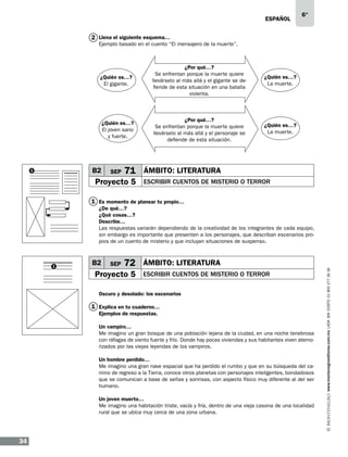 eSPAÑOL

6°

2 Llena el siguiente esquema…

Ejemplo basado en el cuento “El mensajero de la muerte”.

¿Quién es…?
El gigante.

¿Por qué…?
Se enfrentan porque la muerte quiere
llevárselo al más allá y el gigante se defiende de esta situación en una batalla
violenta.

¿Quién es…?
La muerte.

¿Quién es…?
El joven sano
y fuerte.

¿Por qué…?
Se enfrentan porque la muerte quiere
llevárselo al más allá y el personaje se
defiende de esta situación.

¿Quién es…?
La muerte.

B2

1

SEP

71 ÁMBITO: LITERATURA

Proyecto 5

ESCRIBIR CUENTOS DE MISTERIO O TERROR

1 Es momento de planear tu propio…

1

B2

SEP

72 ÁMBITO: LITERATURA

Proyecto 5

ESCRIBIR CUENTOS DE MISTERIO O TERROR

Oscuro y desolado: los escenarios

1 Explica en tu cuaderno…
Ejemplos de respuestas.
Un vampiro…
Me imagino un gran bosque de una población lejana de la ciudad, en una noche tenebrosa
con ráfagas de viento fuerte y frío. Donde hay pocas viviendas y sus habitantes viven atemorizados por las viejas leyendas de los vampiros.
Un hombre perdido…
Me imagino una gran nave espacial que ha perdido el rumbo y que en su búsqueda del camino de regreso a la Tierra, conoce otros planetas con personajes inteligentes, bondadosos
que se comunican a base de señas y sonrisas, con aspecto físico muy diferente al del ser
humano.
Un joven muerto…
Me imagino una habitación triste, vacía y fría, dentro de una vieja casona de una localidad
rural que se ubica muy cerca de una zona urbana.

34

www.montenegroeditores.com.mx lada sin costo 01 800 277 36 36

¿De qué…?
¿Qué cosas…?
Describe…
Las respuestas variarán dependiendo de la creatividad de los integrantes de cada equipo,
sin embargo es importante que presenten a los personajes, que describan escenarios propios de un cuento de misterio y que incluyan situaciones de suspenso.

 