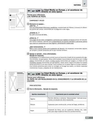 historia

B4 SEP

6°

Media
129 La Edaden estaen Europa, y el acontecer de
Oriente
época

1

Temas para reflexionar
LOS TIEMPOS DE PESTE

2

Comprendo y aplico

1 Reúnanse en equipos...…
¿Qué fue...…?
Fue una enfermedad infecciosa y epidémica, caracterizada por fiebres y tumores en diferentes partes del cuerpo, transmitida por la pulga de la rata negra.
¿Cuándo se...?
En 1347 en el sur de Italia.
¿Cómo se...?
Las pulgas de las ratas contagiaban a personas que viajaban en barcos porque ahí abundaban dichos roedores, además que al desembarcar en puertos atacaban a personas pobres
que vivían en condiciones de mala higiene y alimentación inadecuada.
¿Qué consecuencias...?
Mató a tres cuartas partes de la población de Venecia, las empresas comerciales dejaron
de comprar y vender productos por lo que muchas cerraron.

2 Agrega un ejemplo…otras enfermedades.

www.montenegroeditores.com.mx lada sin costo 01 800 277 36 36

Ejemplo de respuesta.
La Ricketsia es un padecimiento similar, pues se transmite a través de los parásitos de algunos animales, las garrapatas. Otras enfermedades transmitidas de esta forma son: el tifus
clásico (transmitido por piojos), el tifus murino (transmitido por pulgas) y la fiebre de las
montañas rocosas (transmitido por garrapatas). Hasta ahora ninguna de éstas ha matado
tantas personas en tan poco tiempo, como sucedió con la peste negra en Europa medieval.
Una medida preventiva para evitar su contagio, es fumigar las casas, y si tienen mascotas
mantenerlas limpias y alejadas de las habitaciones.

B4 SEP

Media
130 La Edaden estaen Europa, y el acontecer de
Oriente
época

Temas para reflexionar
EL PAPEL DE LOS MUSULMANES EN EL CONOCIMIENTO Y LA DIFUSIÓN DE LA
CULTURA
Para detectives
1

1 Con la información... Ejemplo de respuesta.…
Aportes musulmanes

Importancia para la sociedad actual

Álgebra

Permite referirse a números “desconocidos”, formular ecuaciones y el estudio de cómo resolverlas.

Pólvora

Explosivos para construcción, armas de fuego, pirotécnia.

Papel

Impresión de libros, uso en cuadernos, libretas, etc., todo
esto para dejar evidencia física de acontecimientos.

347

 