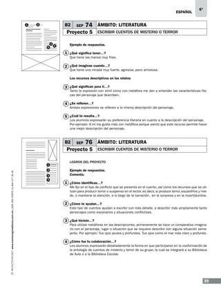 ESPAÑOL
1

B2

2

SEP

74 ÁMBITO: LITERATURA

Proyecto 5
3
5

4

6°

ESCRIBIR CUENTOS DE MISTERIO O TERROR

Ejemplo de respuestas.

1 ¿Qué significa tener…?
Que tiene las manos muy frías.

2 ¿Qué imaginas cuando…?

Que tiene una mirada muy fuerte, agresiva, poco amistosa.
Los recursos descriptivos en los relatos

3 ¿Qué significan para ti…?

Tanto la expresión con símil como con metáfora me dan a entender las características físicas del personaje que describen.

4 ¿Se refieren…?

Ambas expresiones se refieren a la misma descripción del personaje.

5 ¿Cuál te resulta…?

Los alumnos expresarán su preferencia literaria en cuanto a la descripción del personaje.
Por ejemplo: A mí me gusta más con metáfora porque siento que este recurso permite hacer
una mejor descripción del personaje.

B2

SEP

76 ÁMBITO: LITERATURA

Proyecto 5

www.montenegroeditores.com.mx lada sin costo 01 800 277 36 36

1
2
3
4

ESCRIBIR CUENTOS DE MISTERIO O TERROR

LOGROS DEL PROYECTO
Ejemplo de respuestas.
Comenta.

1 ¿Cómo identificas…?
Me fijo en el tipo de conflicto que se presenta en el cuento, así como los recursos que se utilizan para producir terror o suspenso en el lector, es decir, si produce terror, escalofríos y miedo, o mantiene la atención, a lo largo de la narración, en la sorpresa y en la incertidumbre.

2 ¿Cómo te ayudan…?
Este tipo de cuentos ayudan a escribir con más detalle, a describir más ampliamente tanto
personajes como escenarios y situaciones conflictivas.

3 ¿Qué hiciste…?

Para utilizar metáforas en las descripciones, primeramente se hace un comparativo imaginario con el personaje, lugar o situación que se requiere describir con alguna situación semejante. Por ejemplo: Tus ojos azules y profundos. Tus ojos como el mar más claro y profundo.

4 ¿Cómo fue tu colaboración…?

Los alumnos expresarán detalladamente la forma en que participaron en la conformación de
la antología de cuentos de misterio y terror de su grupo, la cual se integrará a su Biblioteca
de Aula o a la Biblioteca Escolar.

35

 