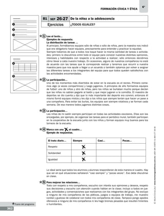 formación cívica y ética

B1 SEP

26-27

Ejercicios

1

6°

De la niñez a la adolescencia
¿Todos iguales?

2
3

1 Lee el texto...
Ejemplos de respuesta.
La distribución de tareas …
Al principio, formábamos equipos sólo de niñas o sólo de niños, pero la maestra nos indicó
que era obligatorio hacer equipos, precisamente para entender y practicar la equidad.
Siempre tratamos de que a todos nos toque hacer la misma cantidad de tareas o actividades; primero lo discutimos entre todo el equipo para conocer nuestras distintas opiniones,
intereses y habilidades con respecto a la actividad a realizar; sólo entonces decidimos
cómo llevar a cabo nuestro trabajo. En ocasiones, alguno de nuestros compañeros no está
de acuerdo con las tareas que le corresponde realizar y tenemos que recurrir a nuestra
maestra para que nos ayude a llegar a un acuerdo o también optamos por volver a asignar
las diferentes tareas a los integrantes del equipo para que todos queden satisfechos con
las actividades encomendadas.

4

5

2 La participación…
Uno de los momentos más divertidos de estar en la escuela es el recreo. Primero comemos algo (a veces compartimos) y luego jugamos. A principios de año formamos equipos
de futbol: uno de niños y otro de niñas, pero los niños se burlaban mucho porque decían
que las niñas no sabían pegarle al balón y que mejor jugaran a la comidita. El maestro de
deportes se dio cuenta y dijo que lo más importante del deporte era convivir, entonces él
mismo formó equipos mixtos y les dijo a los niños que siempre tenían que hacer un pase a
una compañera. Para evitar las burlas, los equipos son siempre rotativos y se forman cada
semana. De esa manera todos jugamos distintas cosas.

3 La participación…

4 Marca con una

el cuadro…
Ejemplo de respuestas.
El trato diario…

Siempre

Casi...

Pocas...

Respeto
Solidaridad
Igualdad

Lo ideal sería que todos los alumnos y alumnas respondieran de esta manera el cuadro. Hay
que ver en qué situaciones señalaron “casi siempre” y “pocas veces”. Eso debe discutirse
en clase.

5 Para mejorar las relaciones…

Fuera del programa

362

Trato con respeto a mis compañeros, escucho con interés sus opiniones y deseos, respeto
sus decisiones y escucho con atención cuando hablan en la clase; incluyo a todos en juegos, actividades y conversaciones que realizamos con los integrantes del grupo. No excluyo
a ninguno de mis compañeros de las pláticas, juegos o equipos de trabajo, me muestro
cordial y gustoso de colaborar con todos mis compañeros de clase. Tampoco pongo apodos
ofensivos a ninguno de mis compañeros ni les hago bromas pesadas que resulten hirientes
o humillantes.

www.montenegroeditores.com.mx lada sin costo 01 800 277 36 36

Las niñas de mi salón siempre participan en todas las actividades escolares. Ellas son las
encargadas, por ejemplo, de organizar las tareas para el periódico mural, también participan
en la cooperativa de la escuela junto con los niños y forman equipos muy buenos para los
torneos de la escuela.

 
