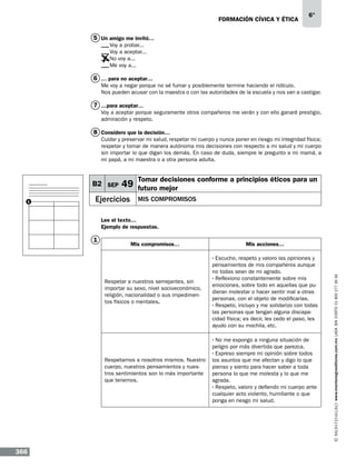 formación cívica y ética

6°

5 Un amigo me invitó…
	
	
	
	

Voy a probar...
Voy a aceptar...
No voy a...
Me voy a...

6 … para no aceptar…
Me voy a negar porque no sé fumar y posiblemente termine haciendo el ridículo.
Nos pueden acusar con la maestra o con las autoridades de la escuela y nos van a castigar.

7 …para aceptar…
Voy a aceptar porque seguramente otros compañeros me verán y con ello ganaré prestigio,
admiración y respeto.

8 Considero que la decisión…
Cuidar y preservar mi salud, respetar mi cuerpo y nunca poner en riesgo mi integridad física;
respetar y tomar de manera autónoma mis decisiones con respecto a mi salud y mi cuerpo
sin importar lo que digan los demás. En caso de duda, siempre le pregunto a mi mamá, a
mi papá, a mi maestra o a otra persona adulta.

B2 SEP
1

49

Ejercicios

Tomar decisiones conforme a principios éticos para un
futuro mejor
Mis compromisos

Lee el texto…
Ejemplo de respuestas.
Mis compromisos…

Mis acciones…

Respetar a nuestros semejantes, sin
importar su sexo, nivel socioeconómico,
religión, nacionalidad o sus impedimentos físicos o mentales.

Respetarnos a nosotros mismos. Nuestro
cuerpo, nuestros pensamientos y nuestros sentimientos son lo más importante
que tenemos.

366

· Escucho, respeto y valoro las opiniones y
pensamientos de mis compañeros aunque
no todas sean de mi agrado.
· Reflexiono constantemente sobre mis
emociones, sobre todo en aquellas que pudieran molestar o hacer sentir mal a otras
personas, con el objeto de modificarlas.
· Respeto, incluyo y me solidarizo con todas
las personas que tengan alguna discapacidad física; es decir, les cedo el paso, les
ayudo con su mochila, etc.
· No me expongo a ninguna situación de
peligro por más divertida que parezca.
· Expreso siempre mi opinión sobre todos
los asuntos que me afectan y digo lo que
pienso y siento para hacer saber a toda
persona lo que me molesta y lo que me
agrada.
· Respeto, valoro y defiendo mi cuerpo ante
cualquier acto violento, humillante o que
ponga en riesgo mi salud.

www.montenegroeditores.com.mx lada sin costo 01 800 277 36 36

1

 